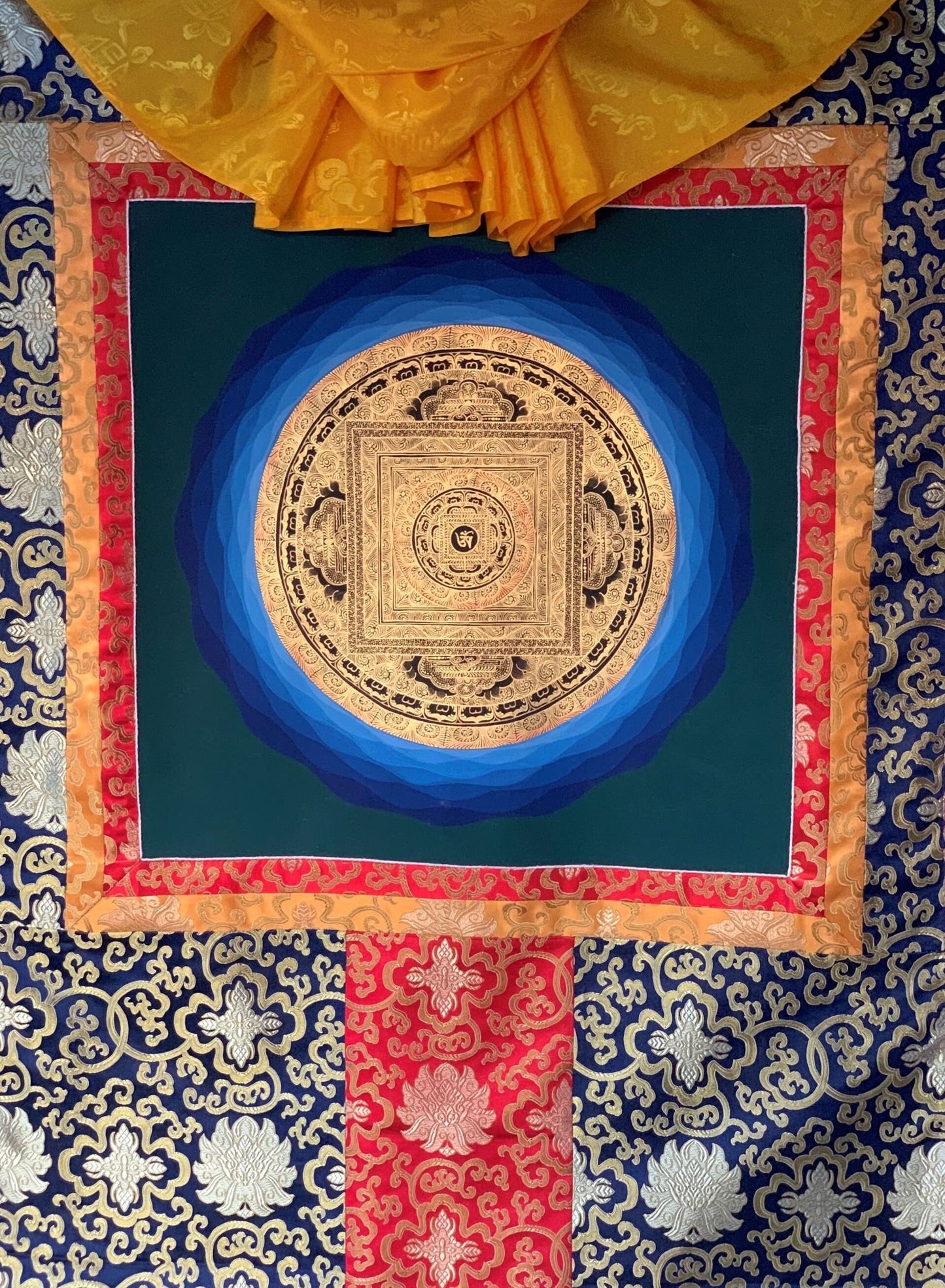 Hand-painted Sacred OM, Mantra Mandala, Thangka Painting, Bordered with Silk  29 x 43-Inch