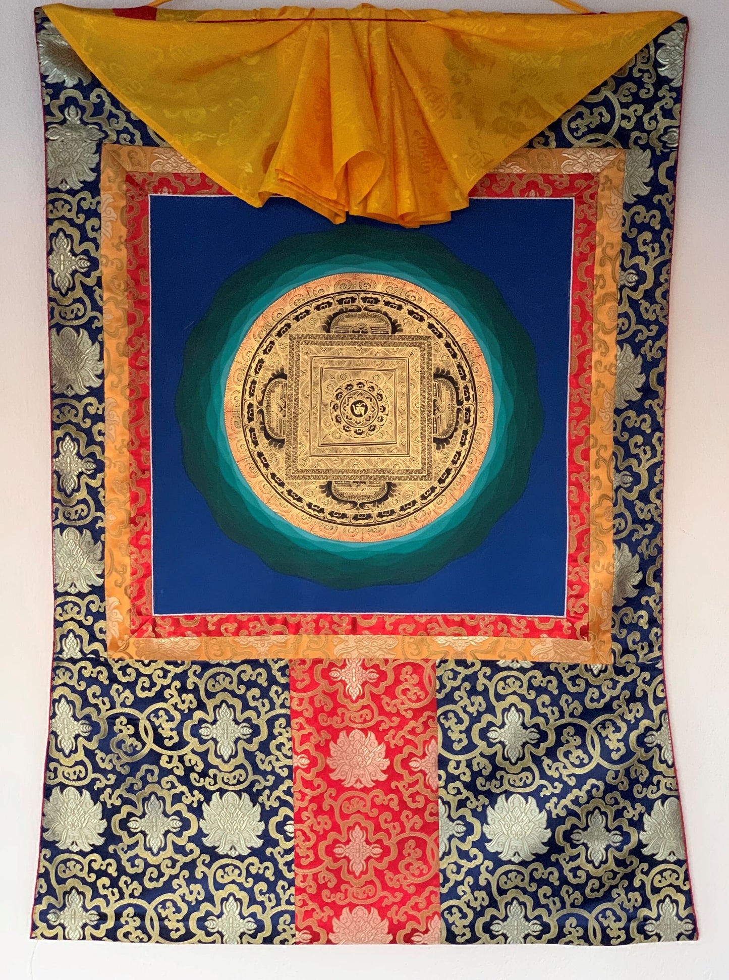 Hand-painted Sacred OM, Mantra Mandala, Thangka Painting, Bordered with Silk  29 x 43-Inch