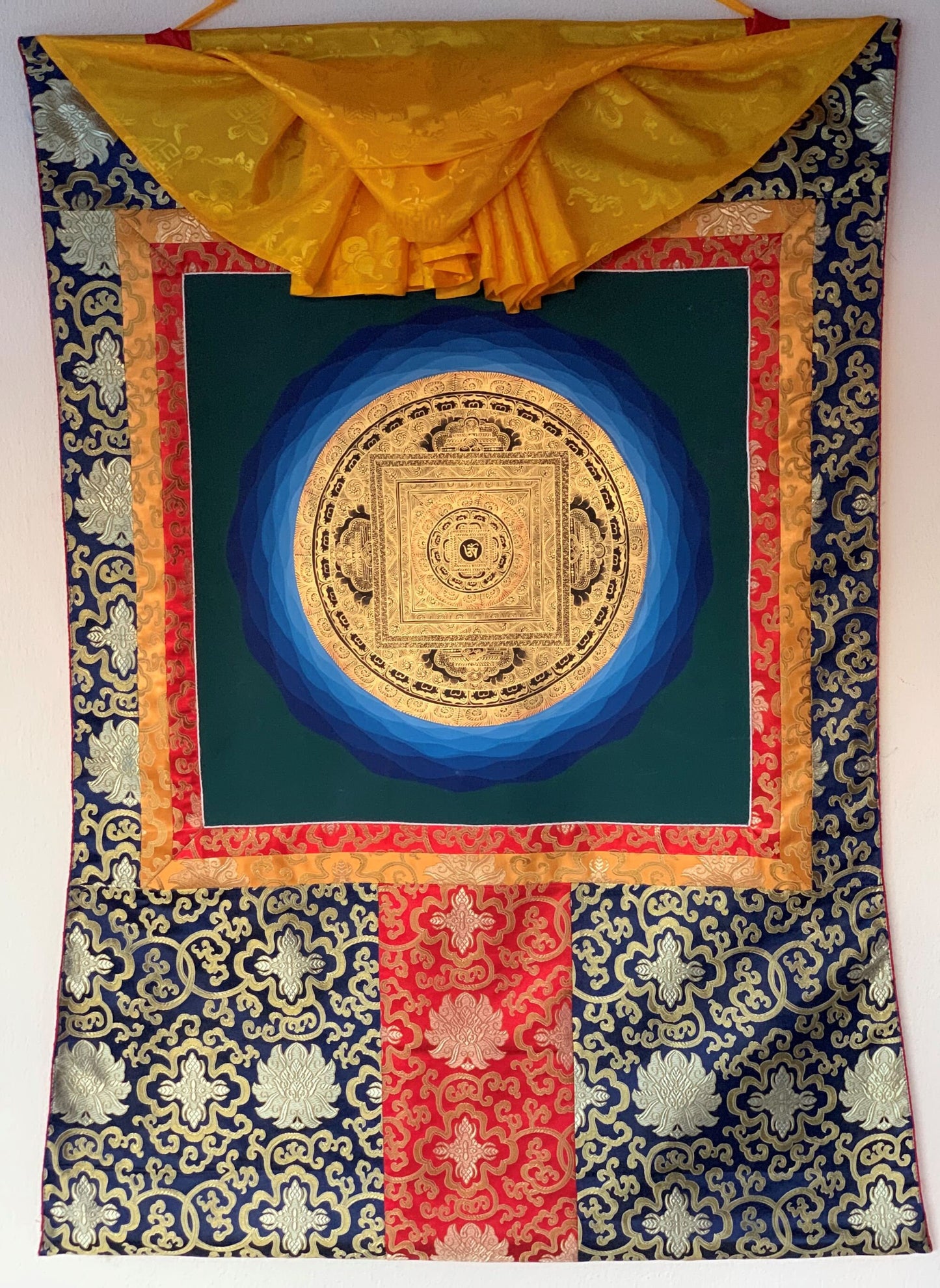 Hand-painted OM Mantra Mandala, Thangka Painting, Bordered with Silk  29 x 43-Inch