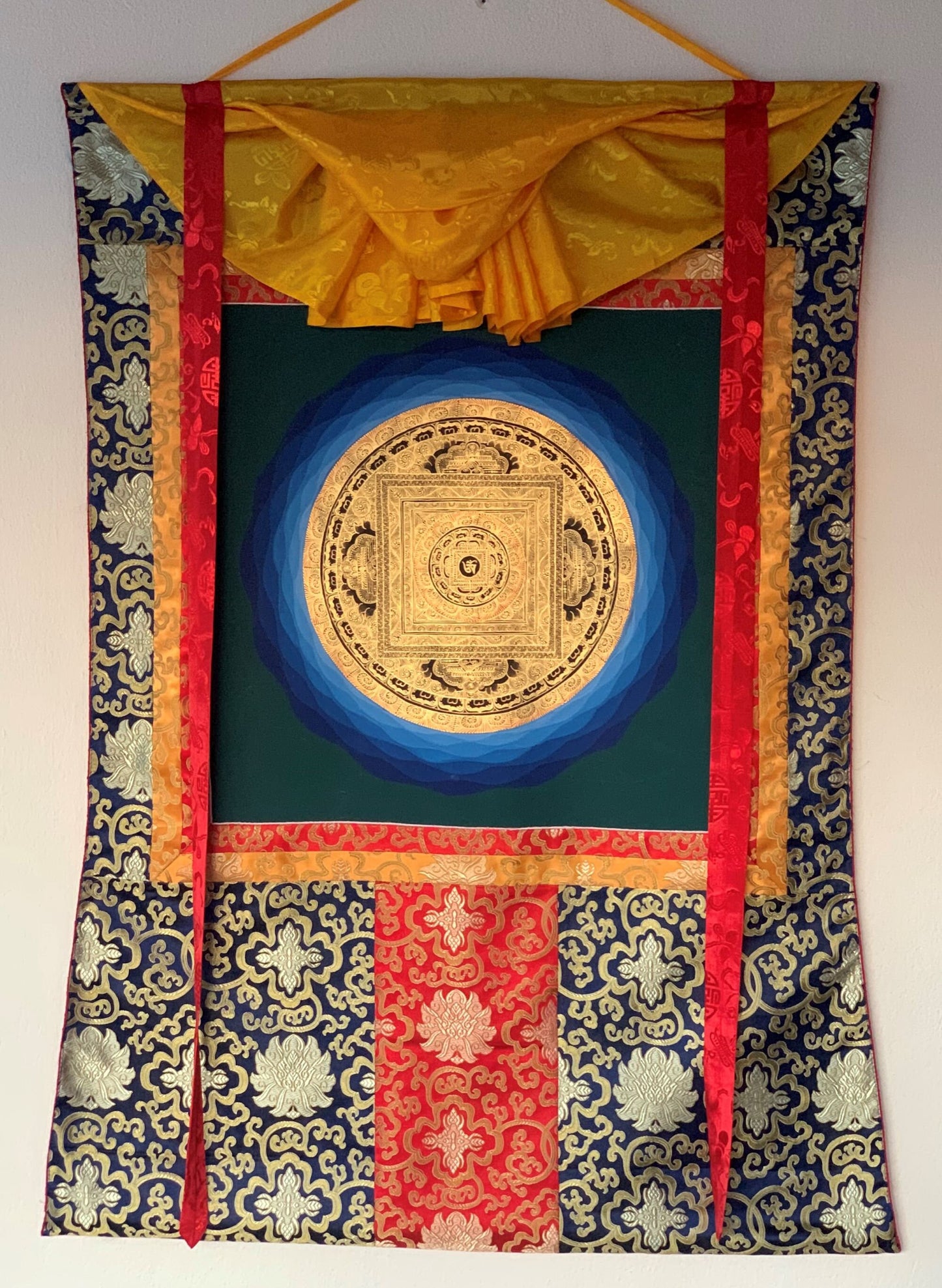 Hand-painted OM Mantra Mandala, Thangka Painting, Bordered with Silk  29 x 43-Inch