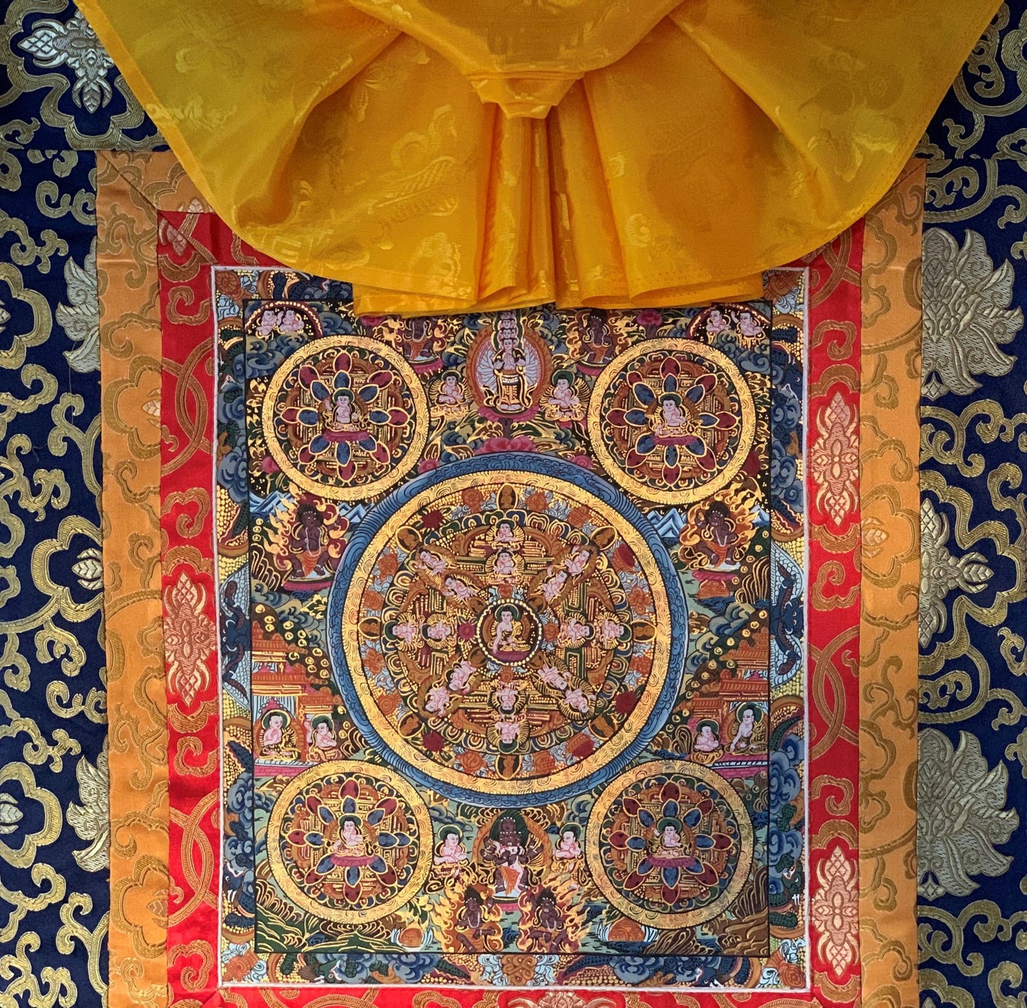 Hand-painted 5 Buddha, Wheel of Life Cycle  Mandala, Thangka Painting Bordered with Silk