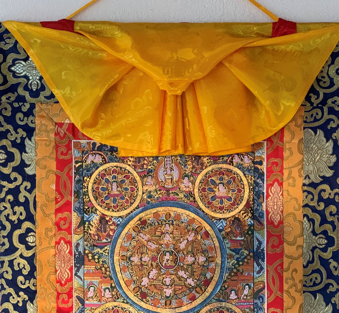 Hand-painted 5 Buddha, Wheel of Life Cycle  Mandala, Thangka Painting Bordered with Silk