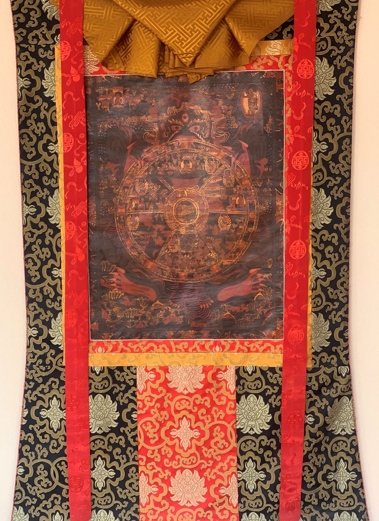 Hand-painted  Bhavachakra Mandala, Buddha Life,  Tibetan Thangka, Painting, with Silk Brocade