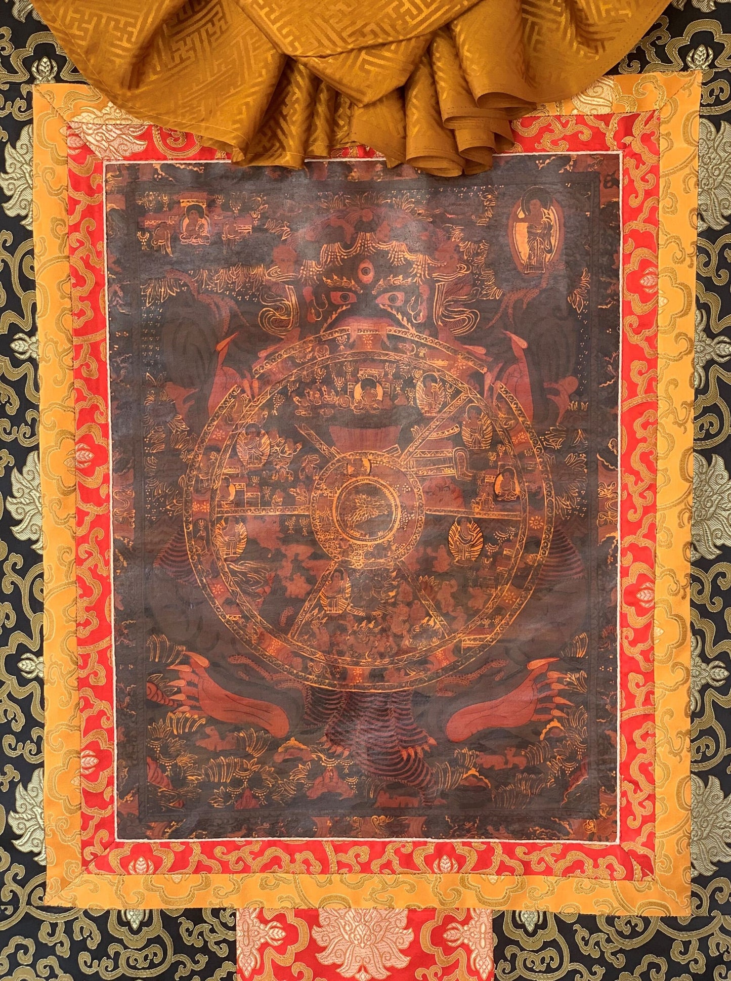 Hand-painted  Bhavachakra Mandala, Buddha Life,  Tibetan Thangka, Painting, with Silk Brocade