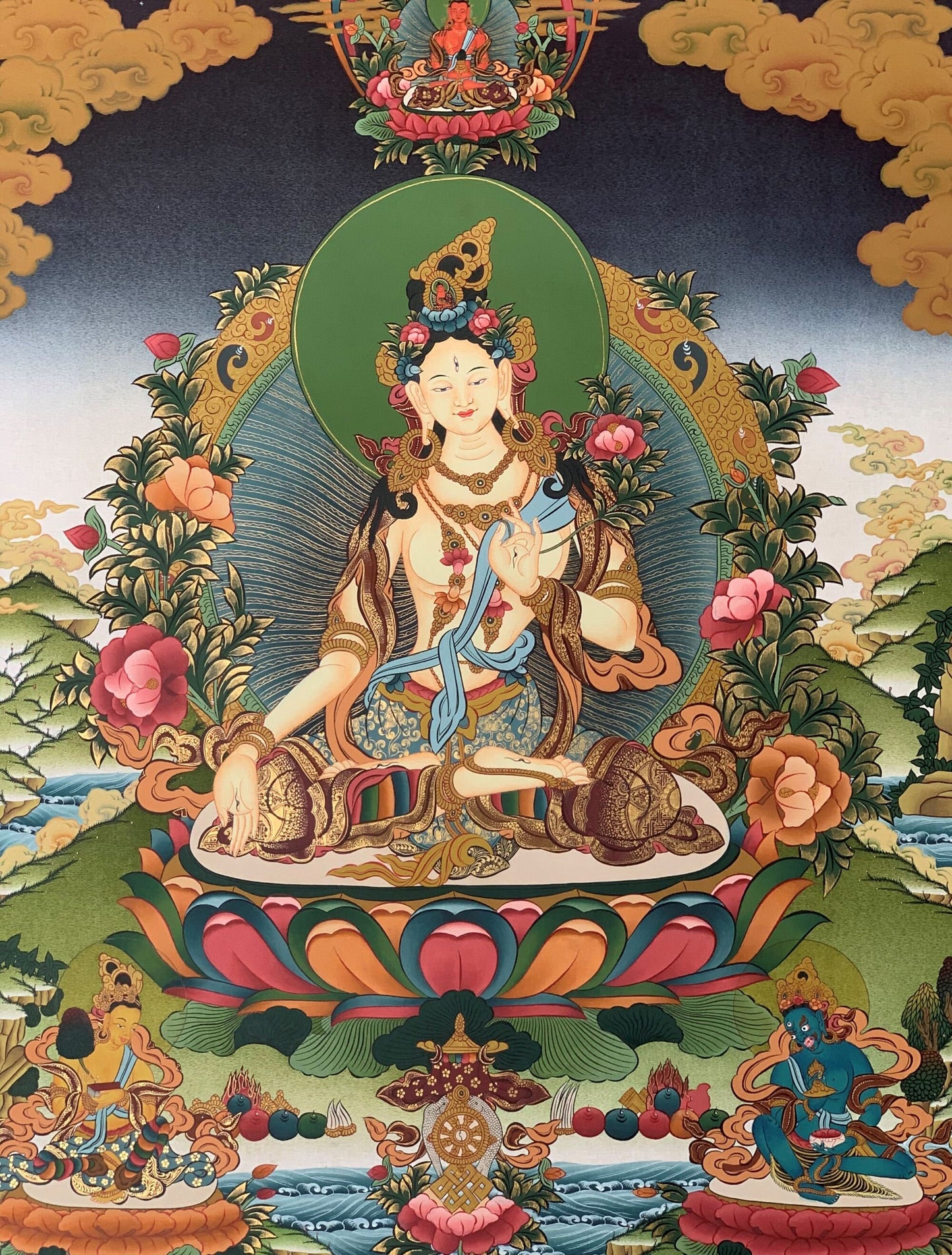 Hand-painted White Tara, Sitatara,  Sgrol-dkar, very fine-quality, Masterpiece 24 K Gold  Tibetan Thangka Painting