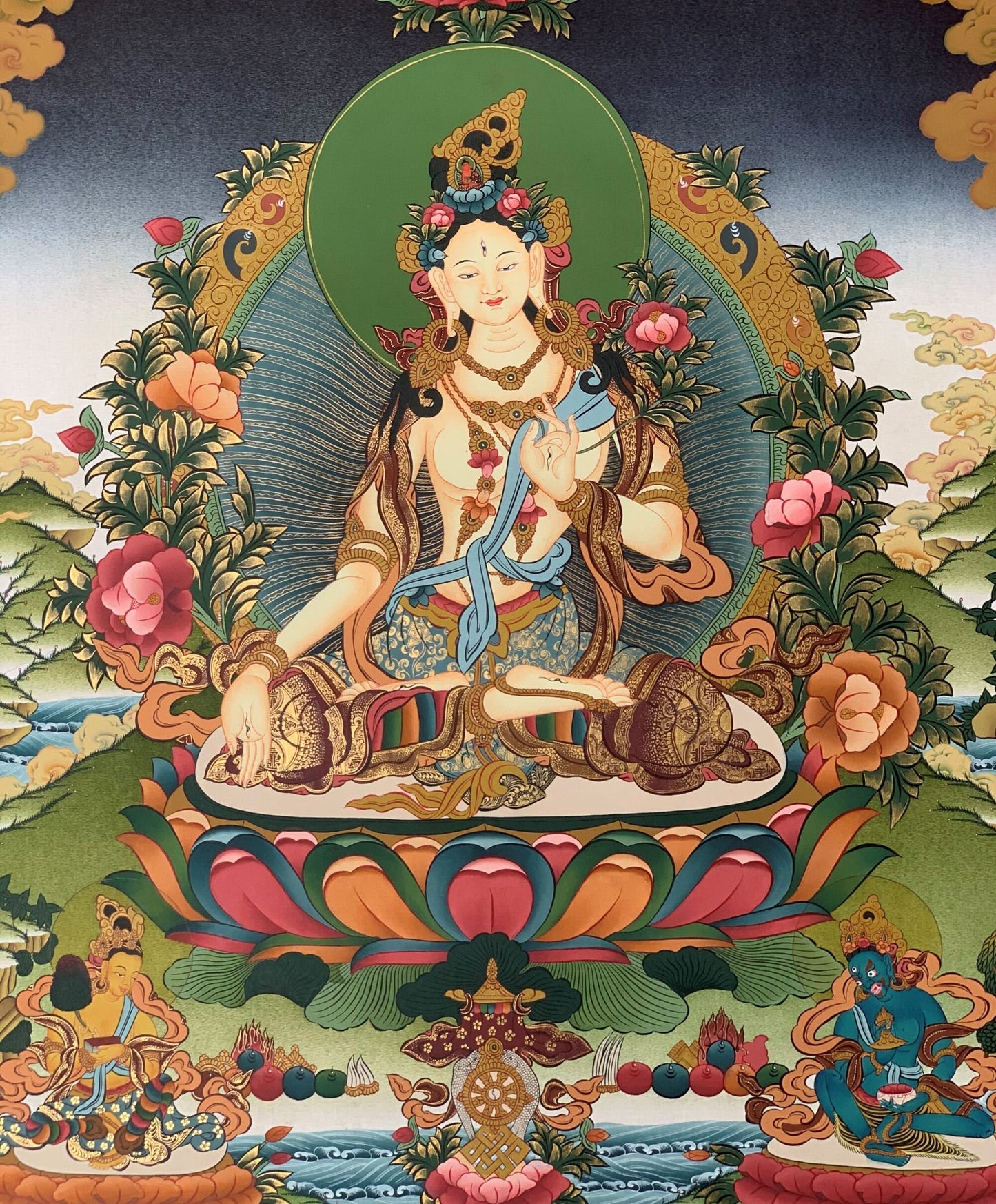 Hand-painted White Tara, Sitatara,  Sgrol-dkar, very fine-quality, Masterpiece 24 K Gold  Tibetan Thangka Painting