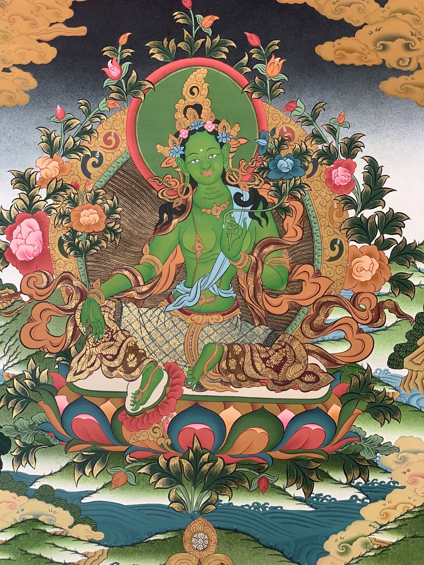 Hand-painted Original Masterpiece Green Tara Mother Goddess Tara 24k Gold Tibetan Compassion Meditation Thanka / Thangka Painting