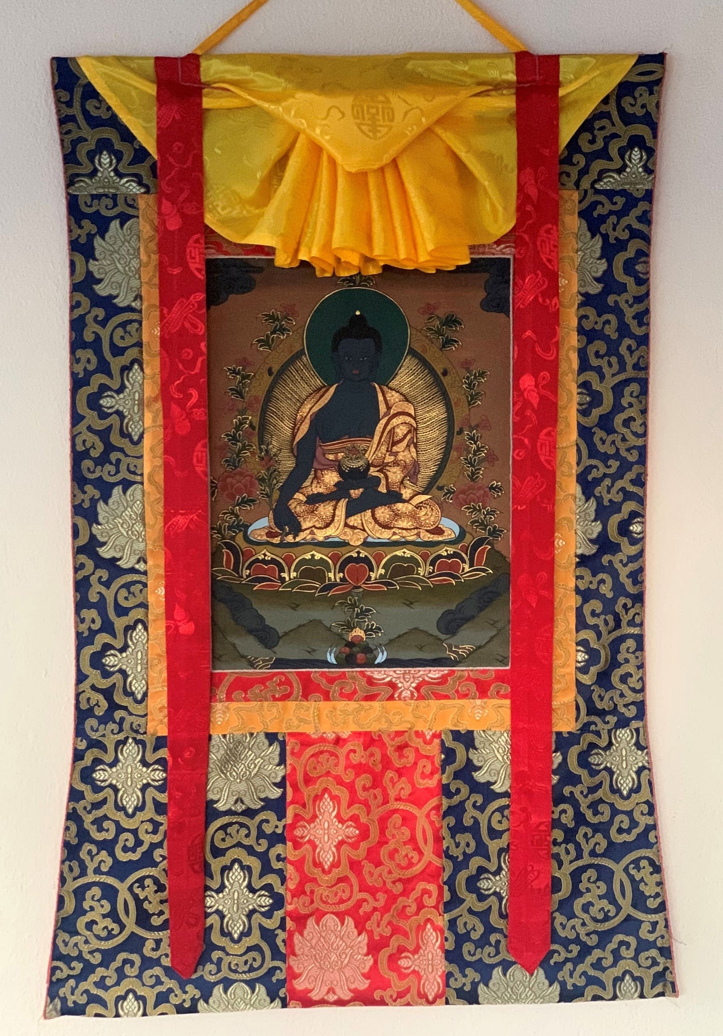 Hand-painted Medicine Buddha, Medicine Guru, Original Thangka, Thanka,  Painting, Tibetan Wall Hanging, Meditation Art, with Silk Brocade