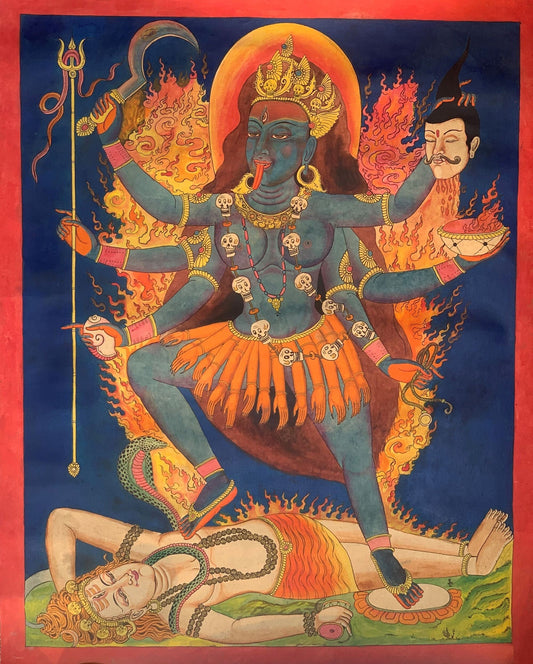 Original Hand -Painted Master Quality Masterpiece Goddess Kali/ Mahakali/ Semi-Old Newari, Paubha/ Thangka Painting