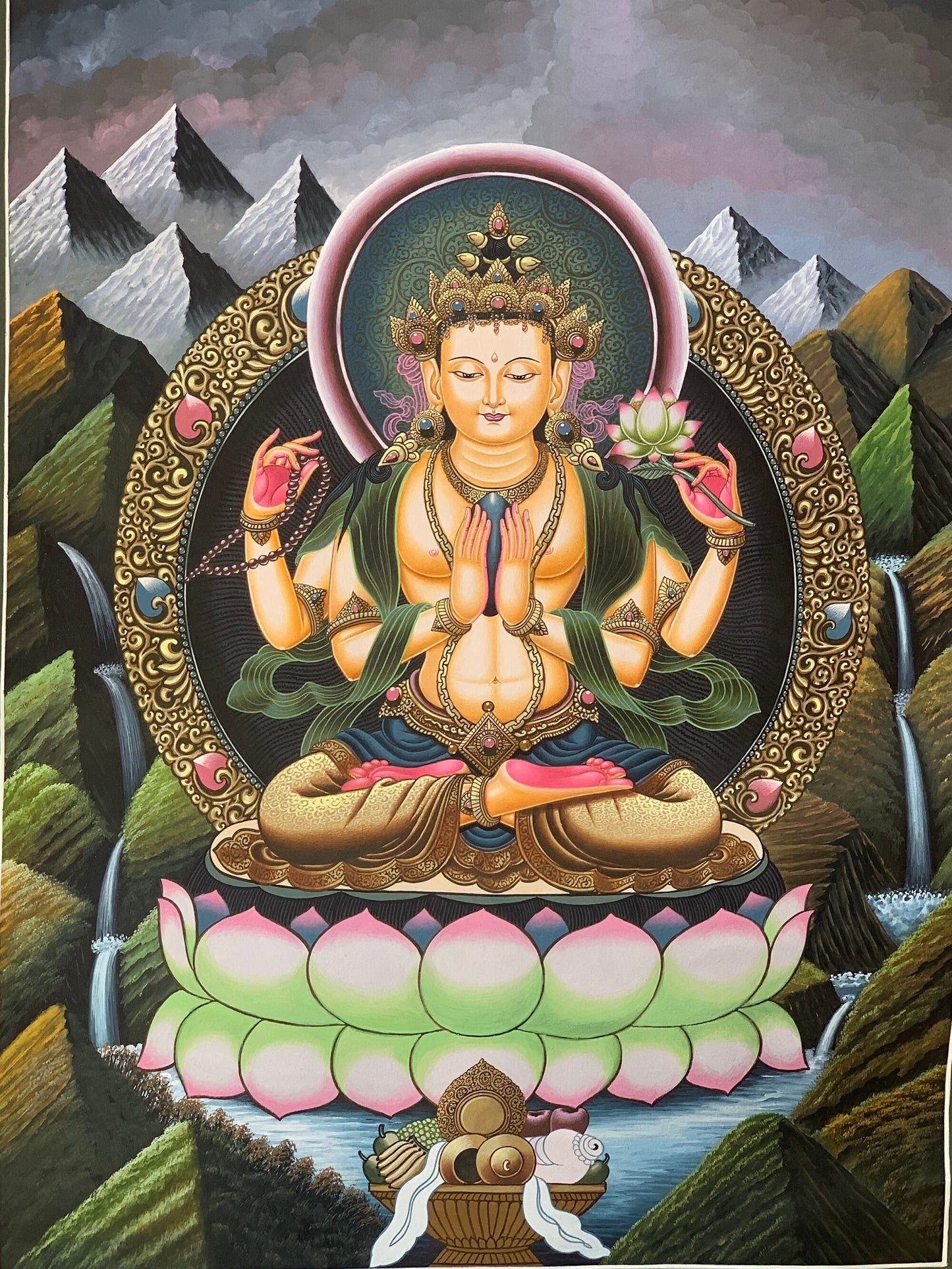 Hand-painted  4 Armed Chyangresi, Chenrezig, Masterpiece, Newari Pauba, Paubha, Thangka Painting 18 x 24-Inch