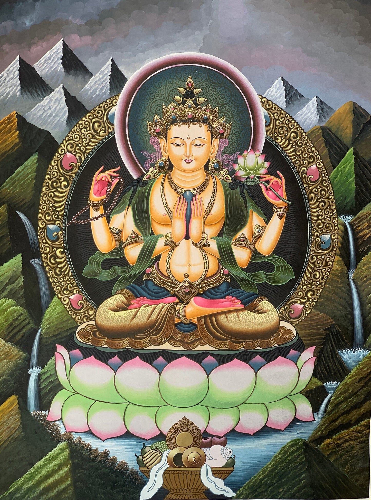 Hand-painted  4 Armed Chyangresi, Chenrezig, Masterpiece, Newari Pauba, Paubha, Thangka Painting 18 x 24-Inch