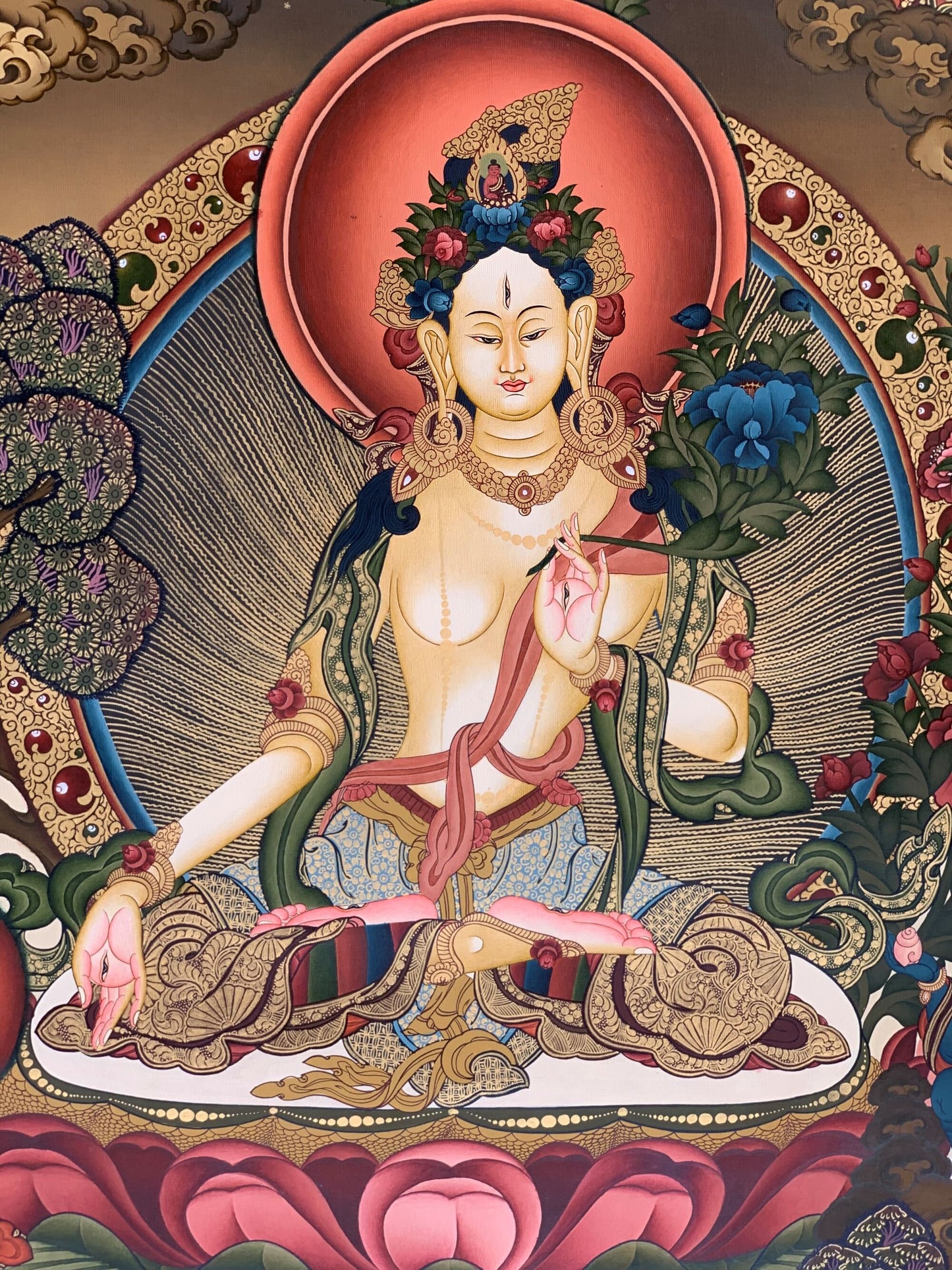 Original Hand Painted White Tara / Mother Tara Masterpiece 24 K Gold Tibetan Thangka / Thanka Painting/ Compassion Meditation Art From Nepal