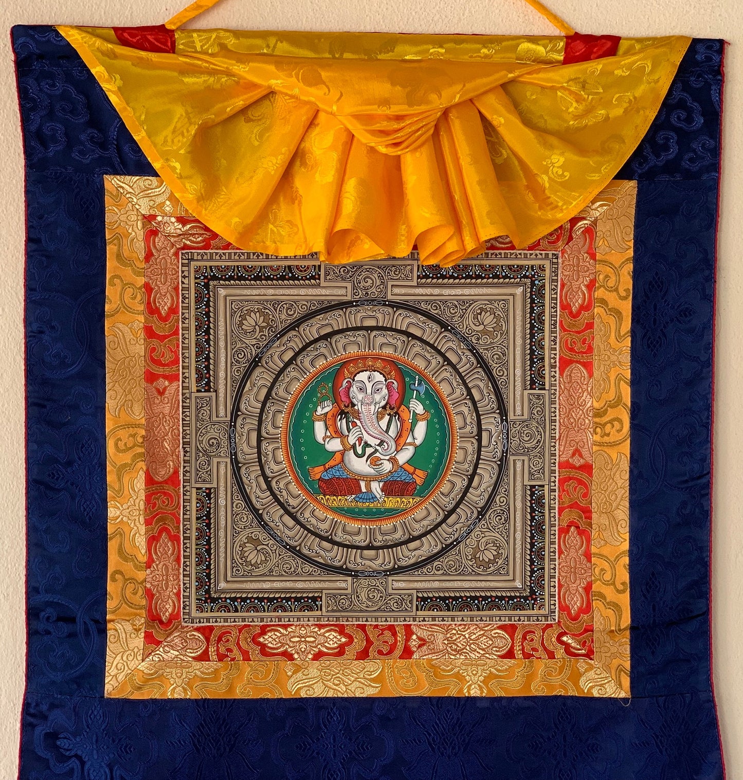 Original Hand-painted 4 Armed Ganesha/ Ganapati/ Vinayaka on Sriyantra Newari Paubha/ Thangka Painting with Silk Brocade