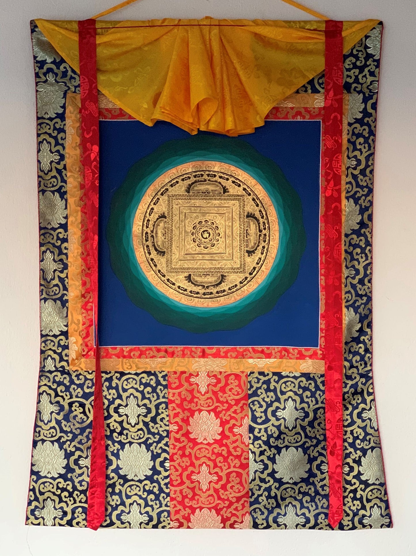 Hand-painted Sacred OM, Mantra Mandala, Thangka Painting, Bordered with Silk  29 x 43-Inch