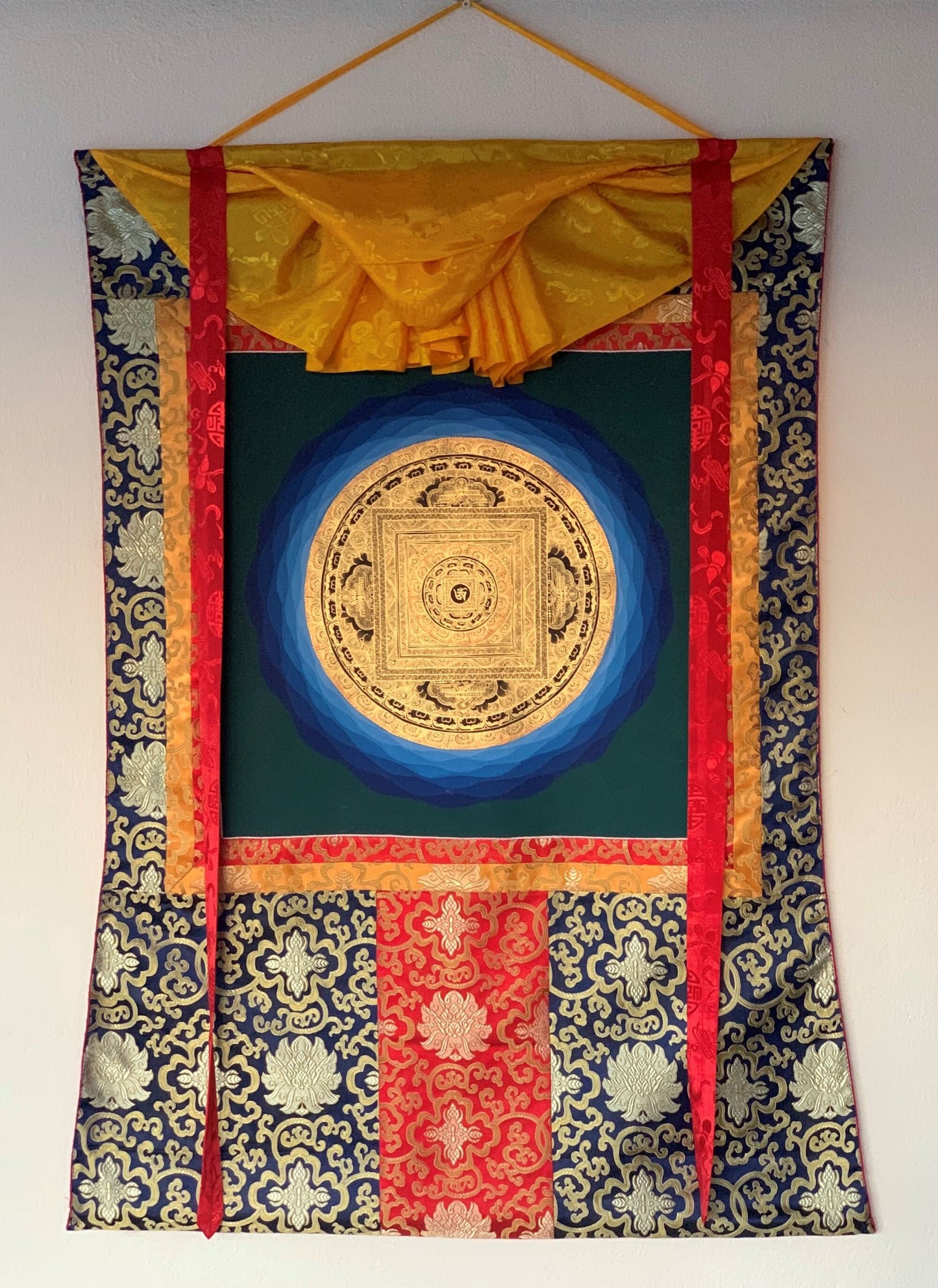 Hand-painted OM Mantra Mandala, Thangka Painting, Bordered with Silk  29 x 43-Inch