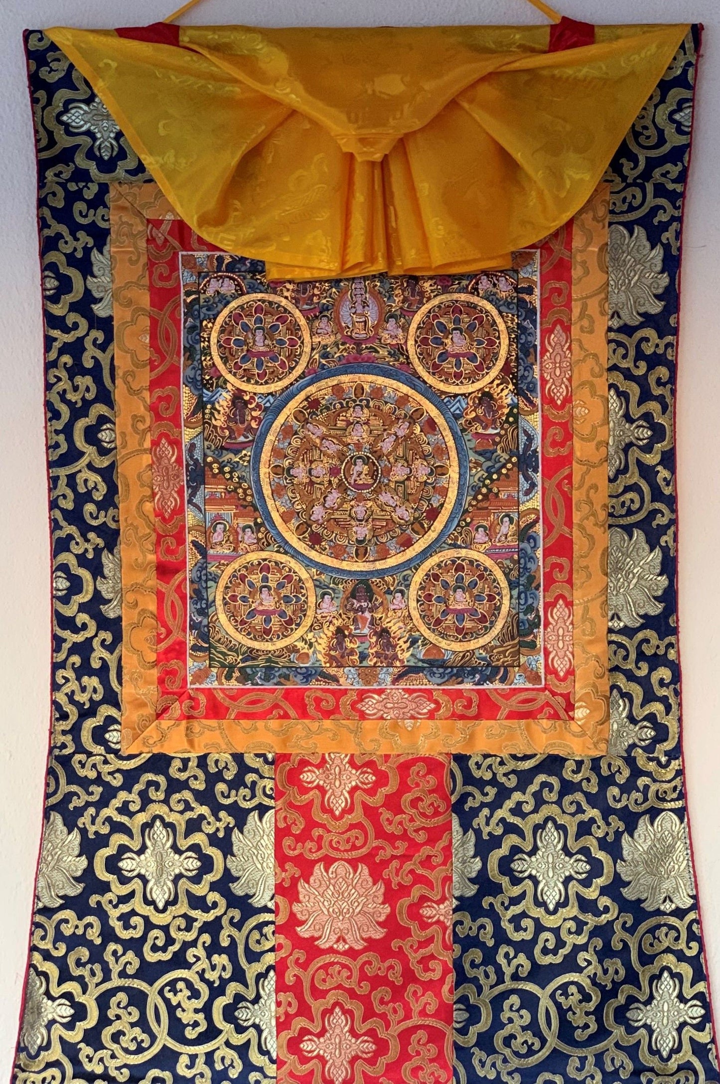 Hand-painted 5 Buddha, Wheel of Life Cycle  Mandala, Thangka Painting Bordered with Silk