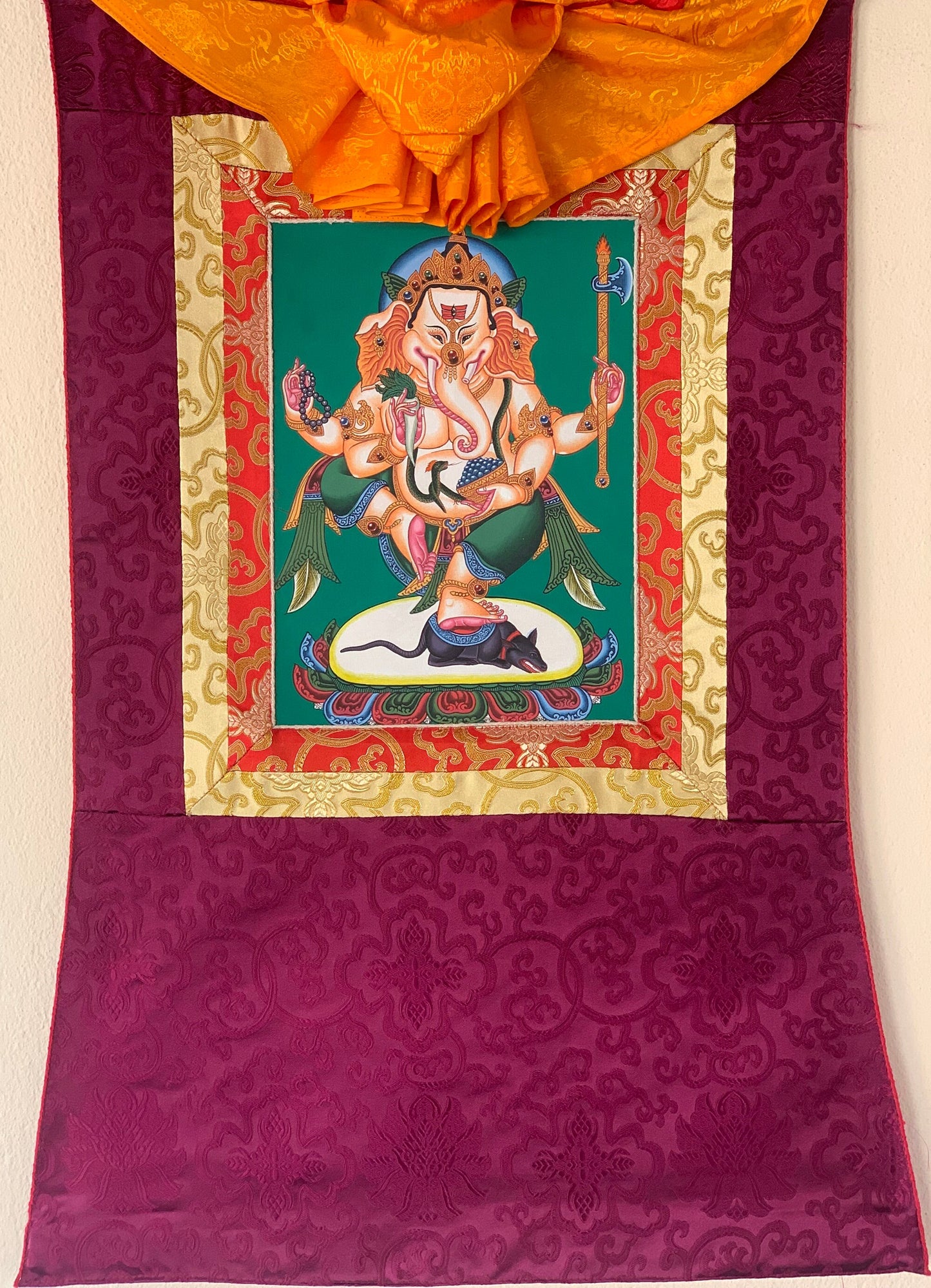 Hand-painted Ganesha, Ganesh, Ganapati, Vinayak, Newari Pauba,  Thangka, Painting  with Silk Brocade