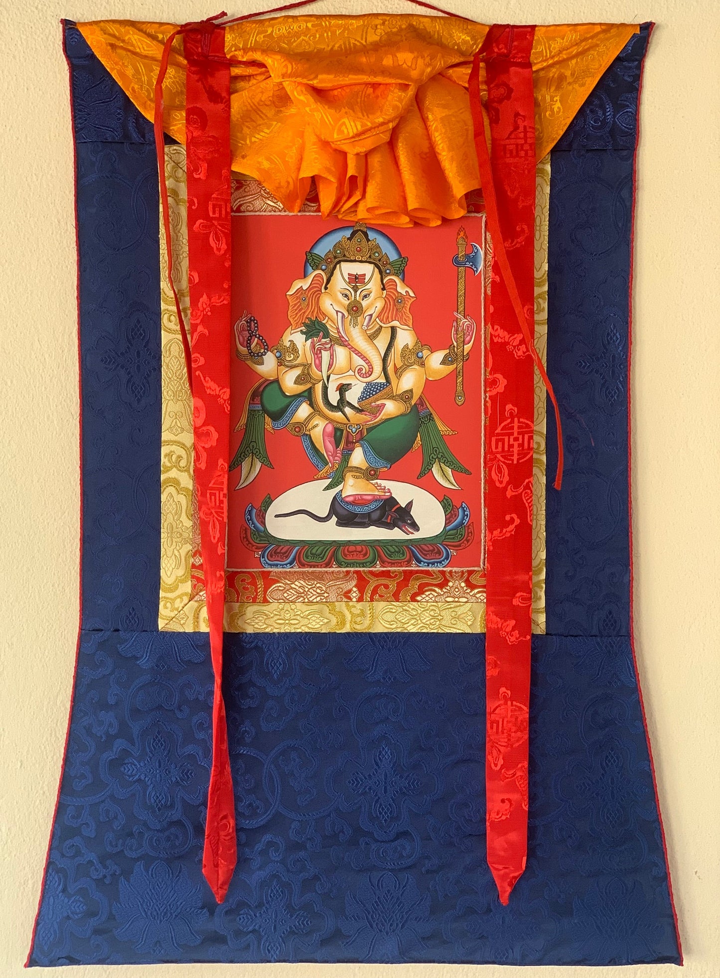 Hand-painted Ganesha, Ganesh, Ganapati, Vinayak, Newari Pauba,  Thangka, Painting  with Silk Brocade