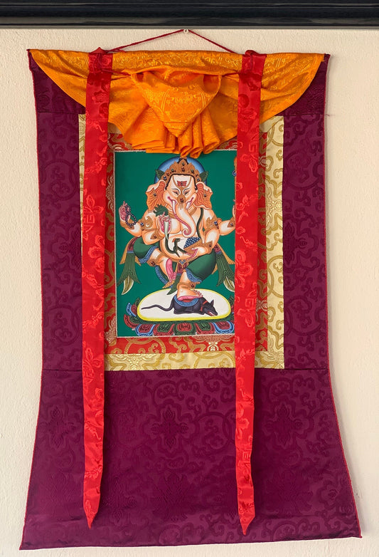 Hand-painted Ganesha, Ganesh, Ganapati, Vinayak, Newari Pauba,  Thangka, Painting  with Silk Brocade