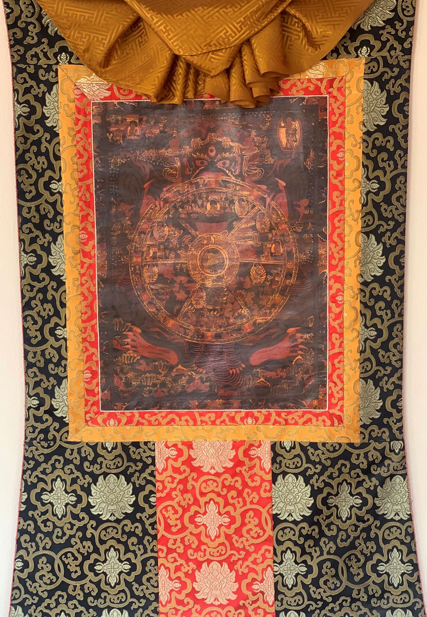 Hand-painted  Bhavachakra Mandala, Buddha Life,  Tibetan Thangka, Painting, with Silk Brocade