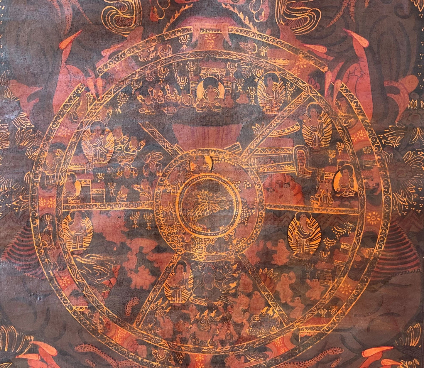 Hand-painted  Bhavachakra Mandala, Buddha Life,  Tibetan Thangka, Painting, with Silk Brocade