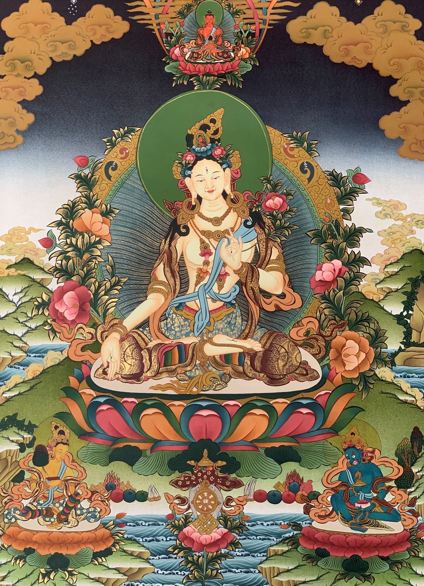 Hand-painted White Tara, Sitatara,  Sgrol-dkar, very fine-quality, Masterpiece 24 K Gold  Tibetan Thangka Painting