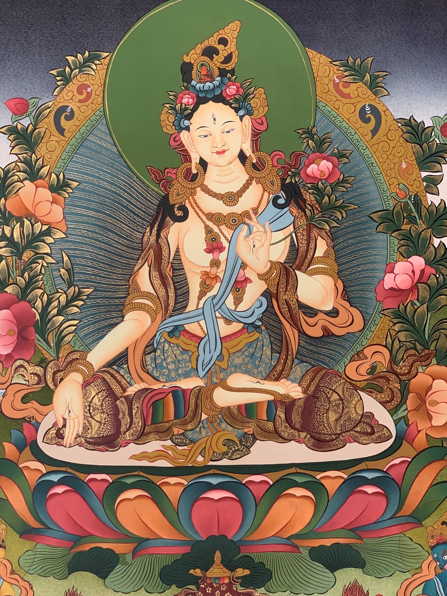 Hand-painted White Tara, Sitatara,  Sgrol-dkar, very fine-quality, Masterpiece 24 K Gold  Tibetan Thangka Painting