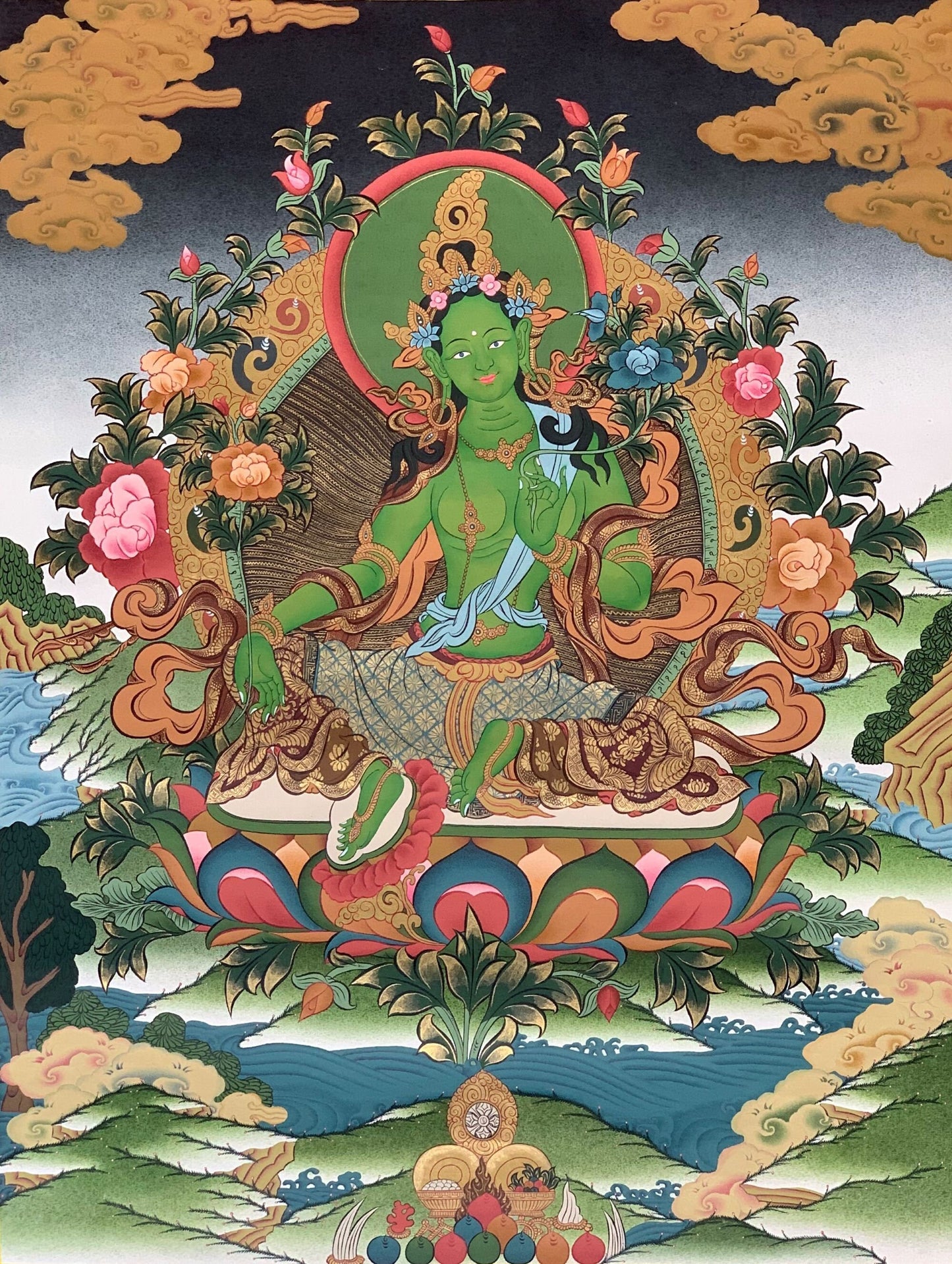 Hand-painted Original Masterpiece Green Tara Mother Goddess Tara 24k Gold Tibetan Compassion Meditation Thanka / Thangka Painting