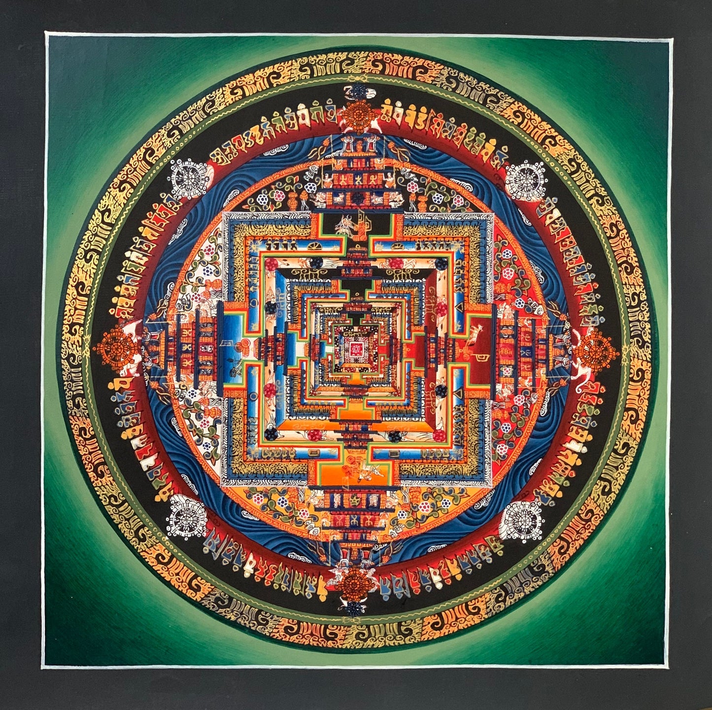 Original Hand-painted Masterpiece Kalachakra Mandala/ Wheel of Life/Wheel of Time Tibetan Thangka Painting Green Background