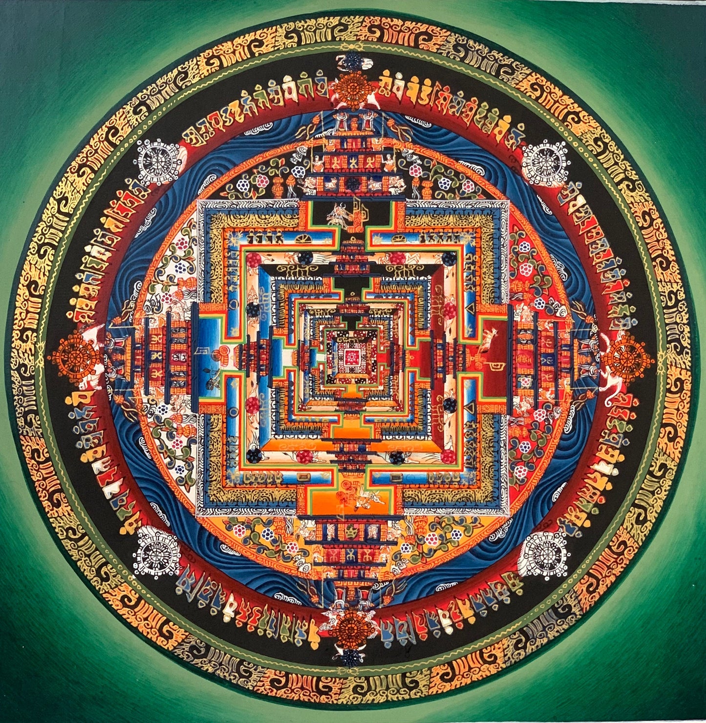 Original Hand-painted Masterpiece Kalachakra Mandala/ Wheel of Life/Wheel of Time Tibetan Thangka Painting Green Background