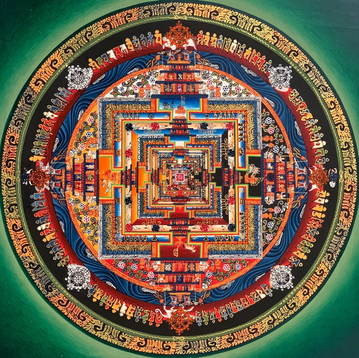 Original Hand-painted Masterpiece Kalachakra Mandala/ Wheel of Life/Wheel of Time Tibetan Thangka Painting Green Background