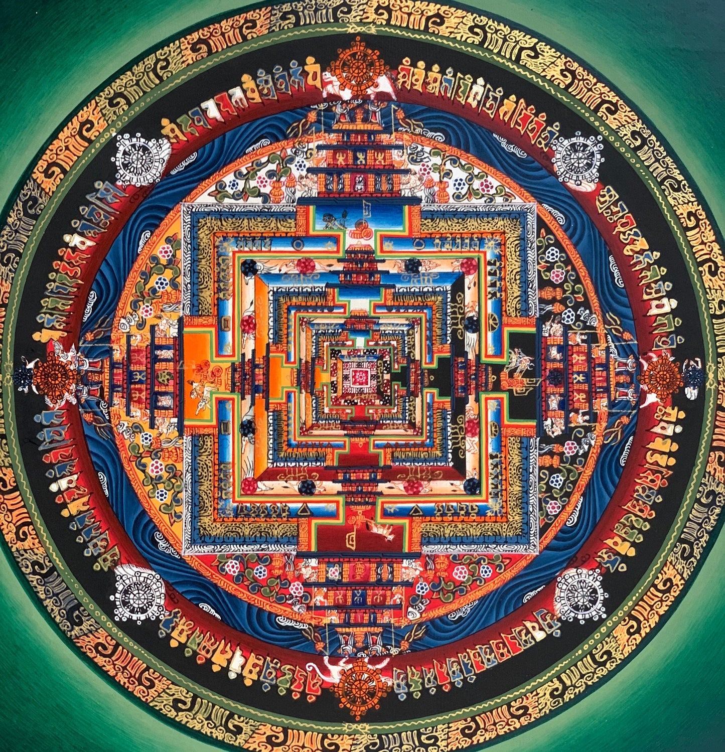 Original Hand-painted Masterpiece Kalachakra Mandala/ Wheel of Life/Wheel of Time Tibetan Thangka Painting Green Background