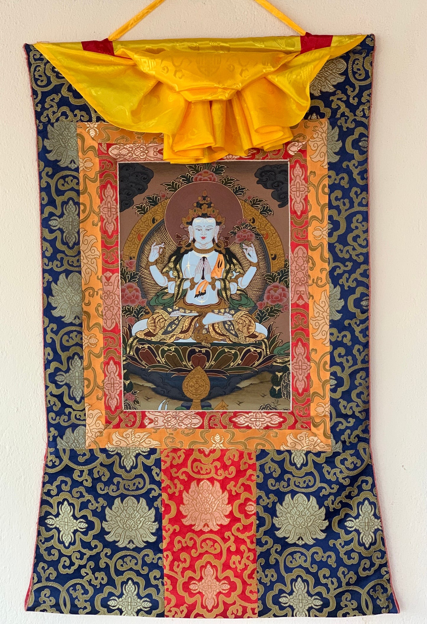 Hand-painted  4 Armed Chyangresi, Chengrezig, Avalokitesvara Tibetan Thangka Painting with Silk Brocade