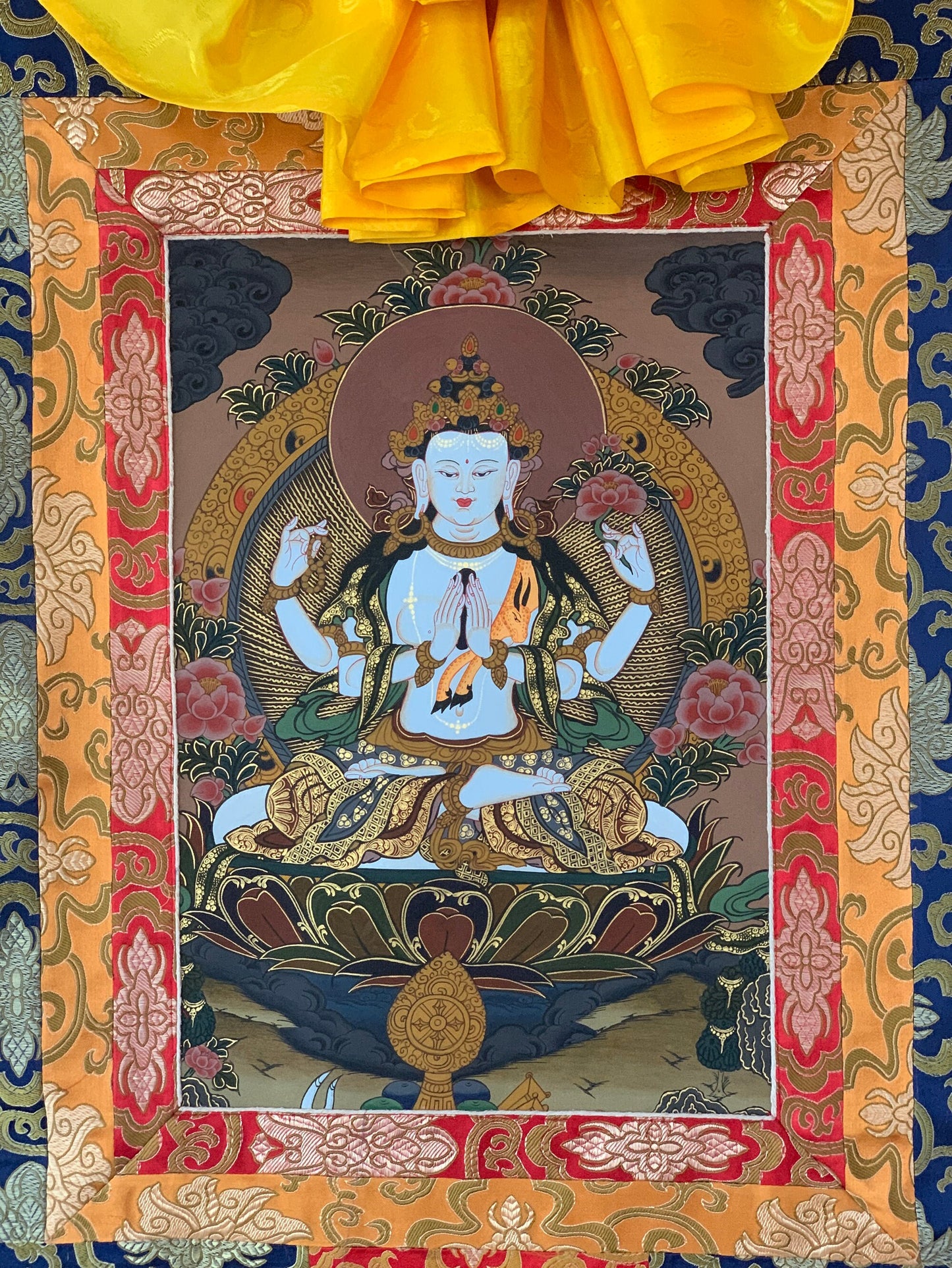 Hand-painted  4 Armed Chyangresi, Chengrezig, Avalokitesvara Tibetan Thangka Painting with Silk Brocade