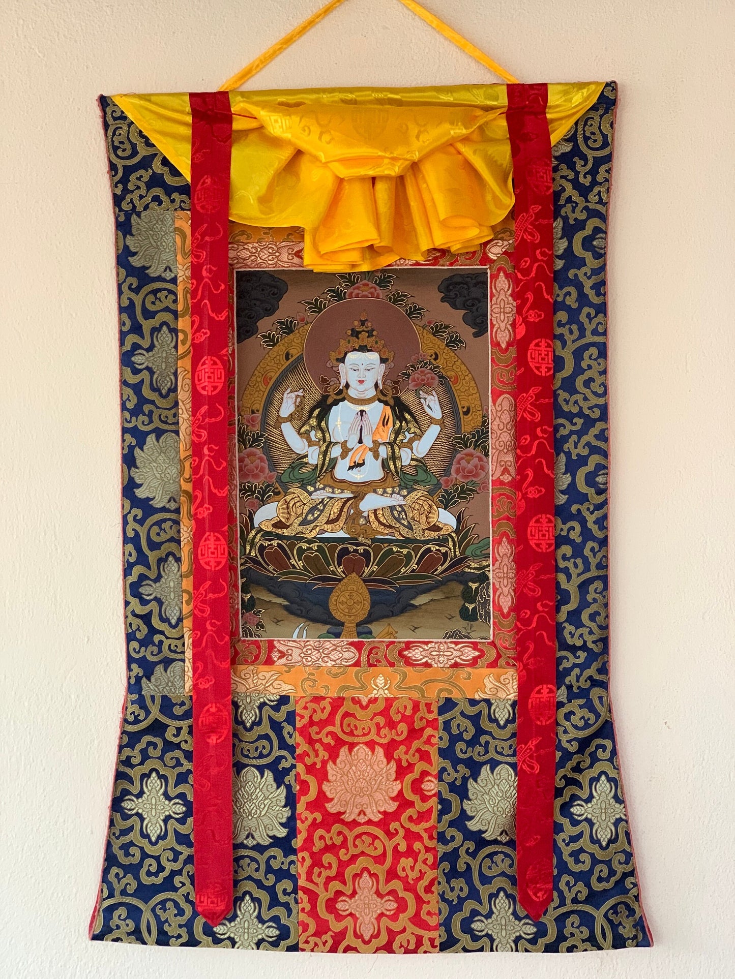 Hand-painted  4 Armed Chyangresi, Chengrezig, Avalokitesvara Tibetan Thangka Painting with Silk Brocade