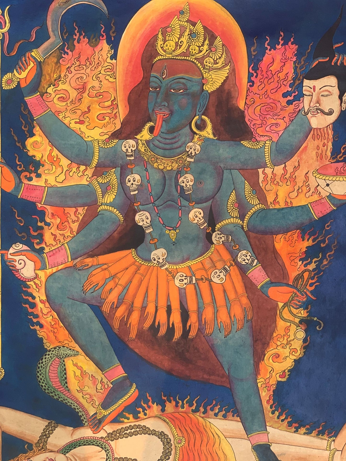 Original Hand -Painted Master Quality Masterpiece Goddess Kali/ Mahakali/ Semi-Old Newari, Paubha/ Thangka Painting