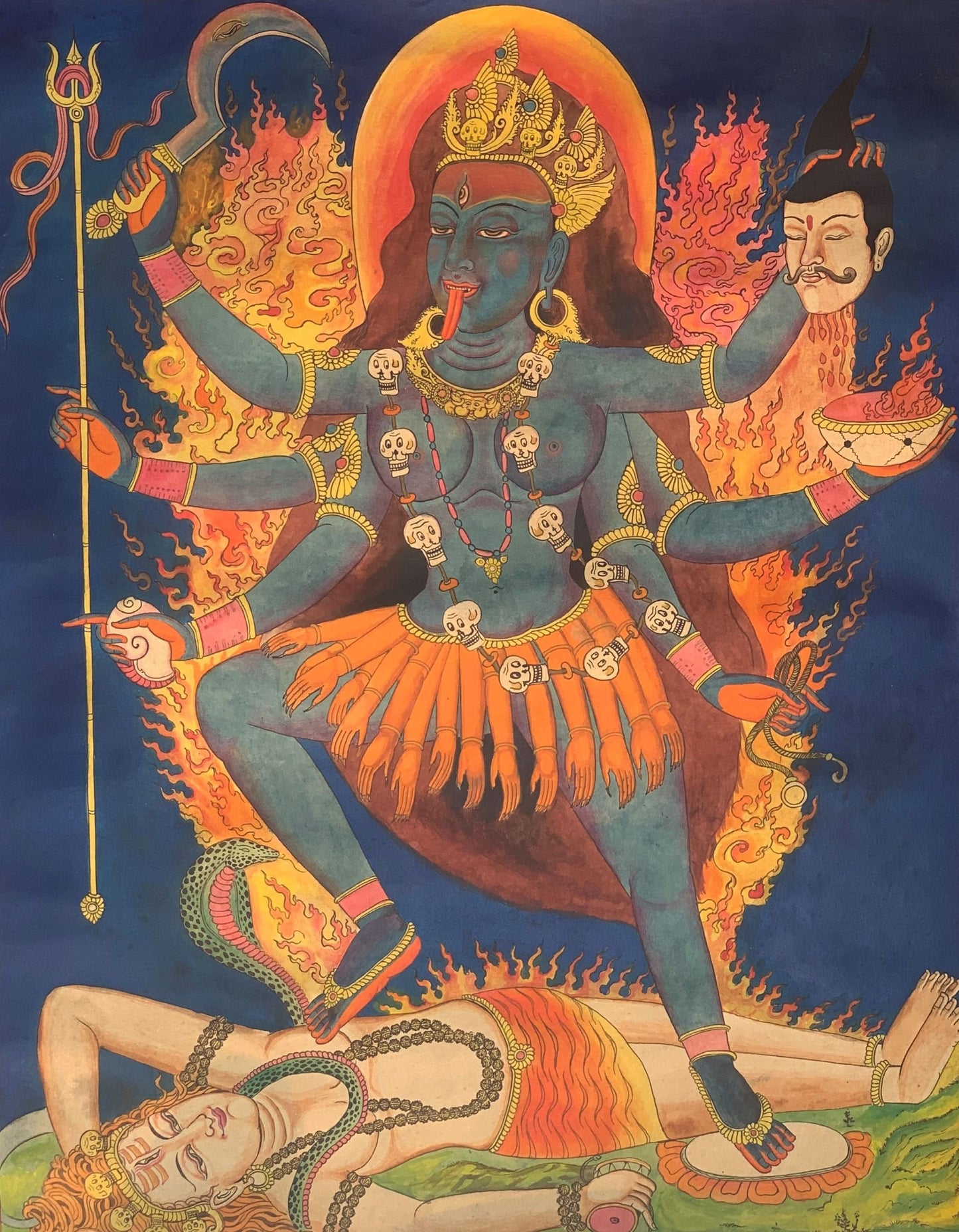 Original Hand -Painted Master Quality Masterpiece Goddess Kali/ Mahakali/ Semi-Old Newari, Paubha/ Thangka Painting