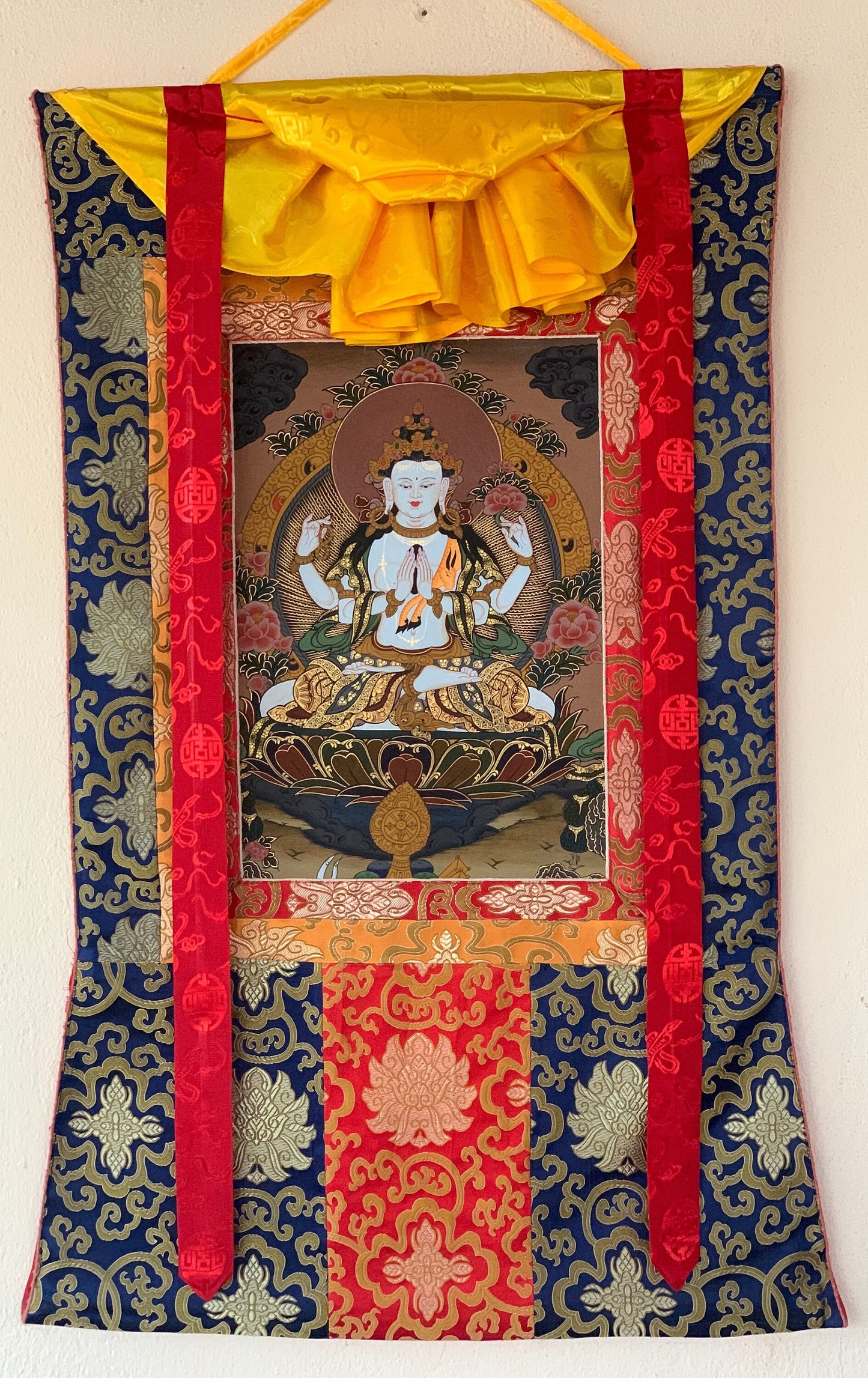 Hand-painted  4 Armed Chyangresi, Chengrezig, Avalokitesvara Tibetan Thangka Painting with Silk Brocade