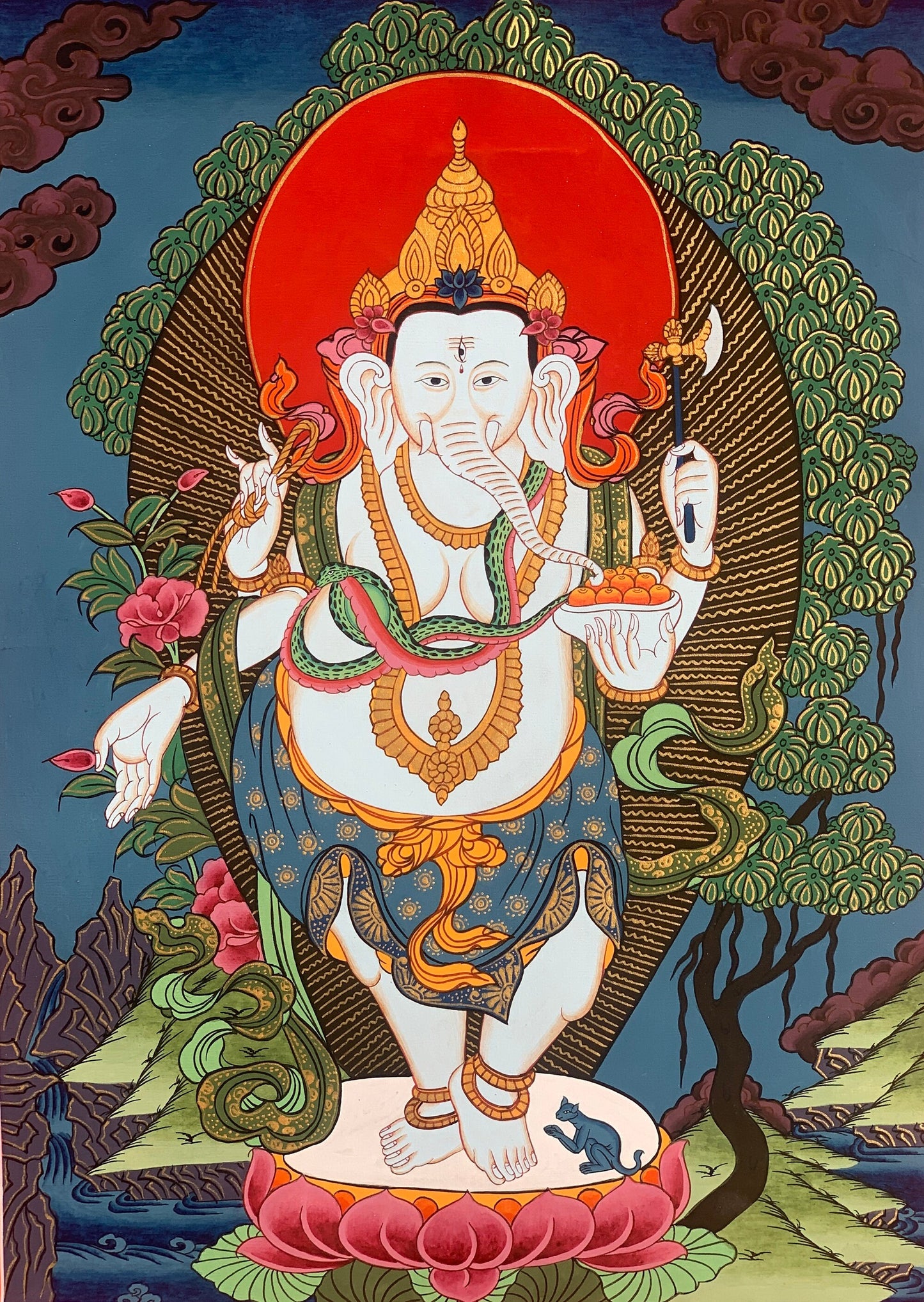 Hand-painted, 4 Armed ganesh/Ganesha/Ganapati/ Vinayaka, Original Thangka Painting with Silk Brocade