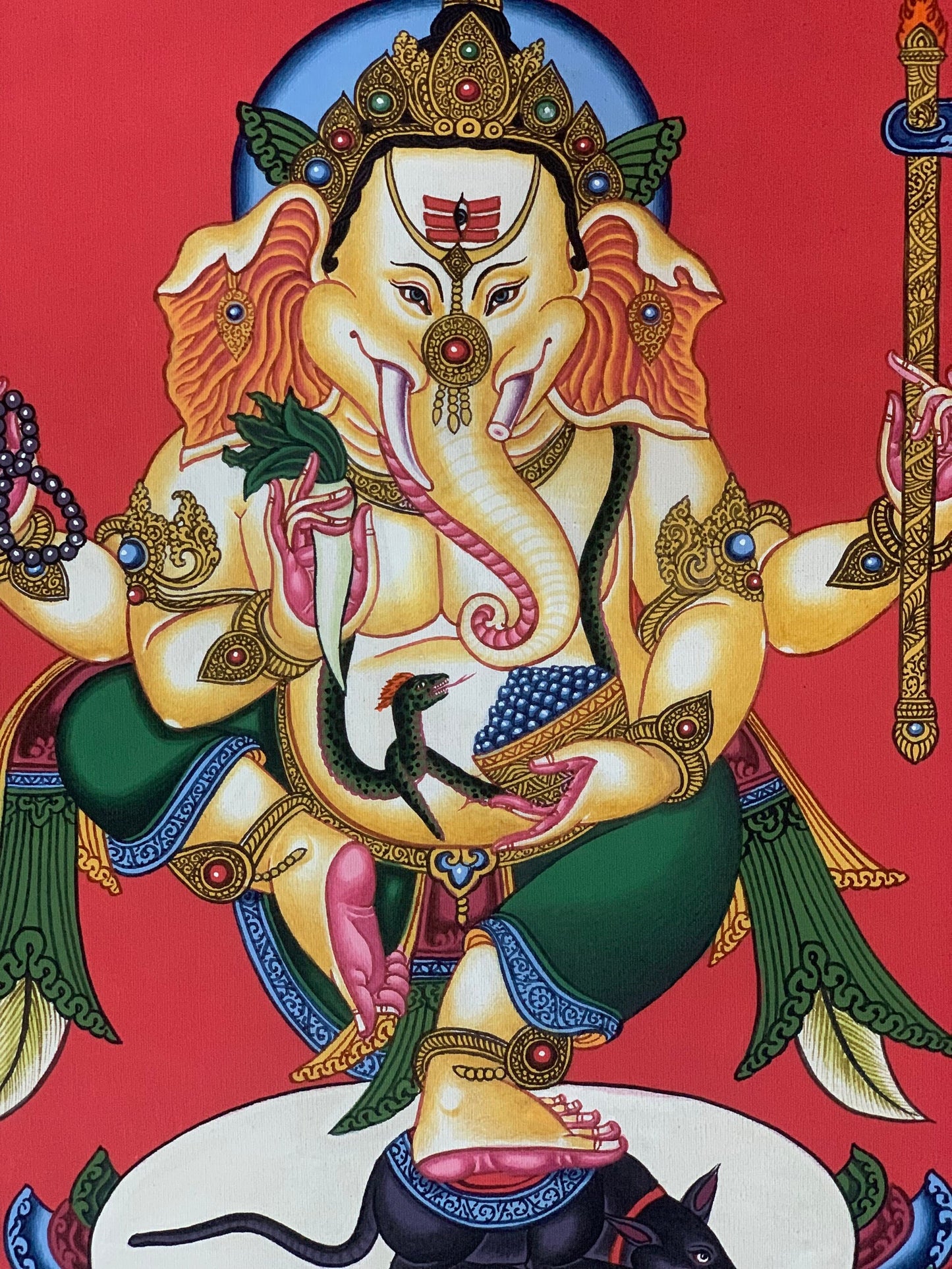 Hand-painted Ganesha, Ganesh, Ganapati, Vinayak, Newari Pauba,  Thangka, Painting  with Silk Brocade