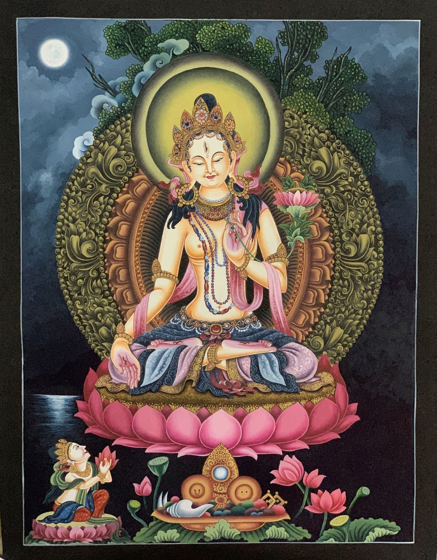 Original Hand-Painted High Quality Masterpiece  White Tara/ Mother Tara Goddess Traditional Newari Paubha/ Pauva/ Thangka Painting