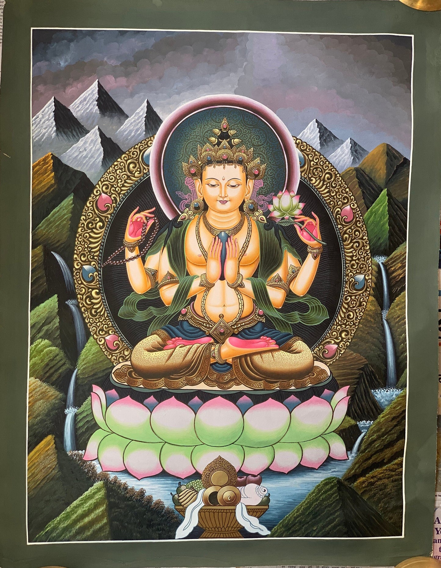 Hand-painted  4 Armed Chyangresi, Chenrezig, Masterpiece, Newari Pauba, Paubha, Thangka Painting 18 x 24-Inch