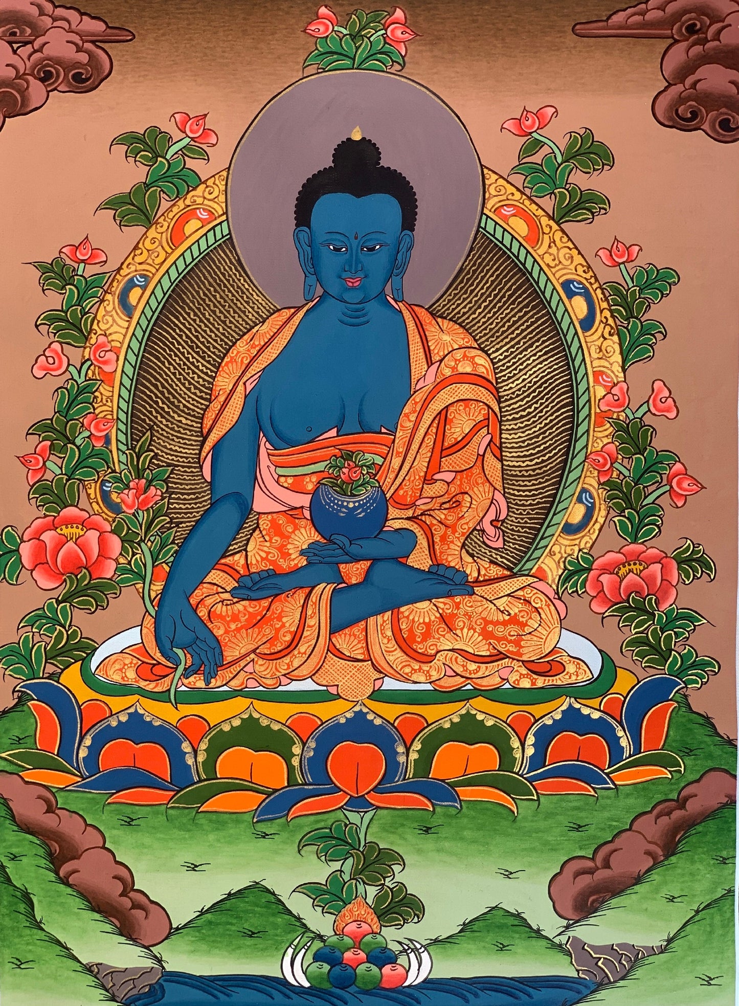 Hand-painted Medicine Buddha, Healing God, Tibetan Thangka Painting  11 x 15-Inch