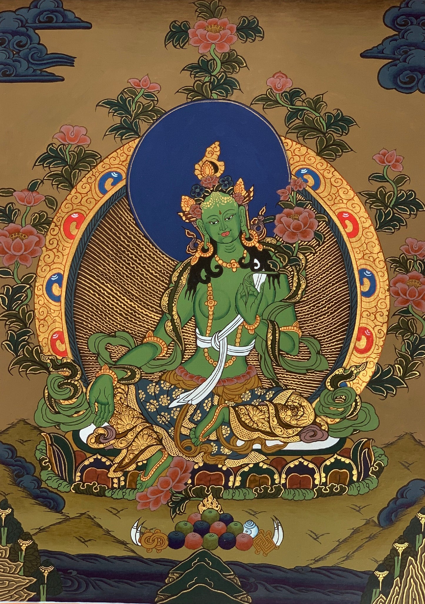 Original Hand-painted Green Tara/ Shyamatara/ Sgrol-ljang Tibetan Thangka Painting / Buddhist Meditation art