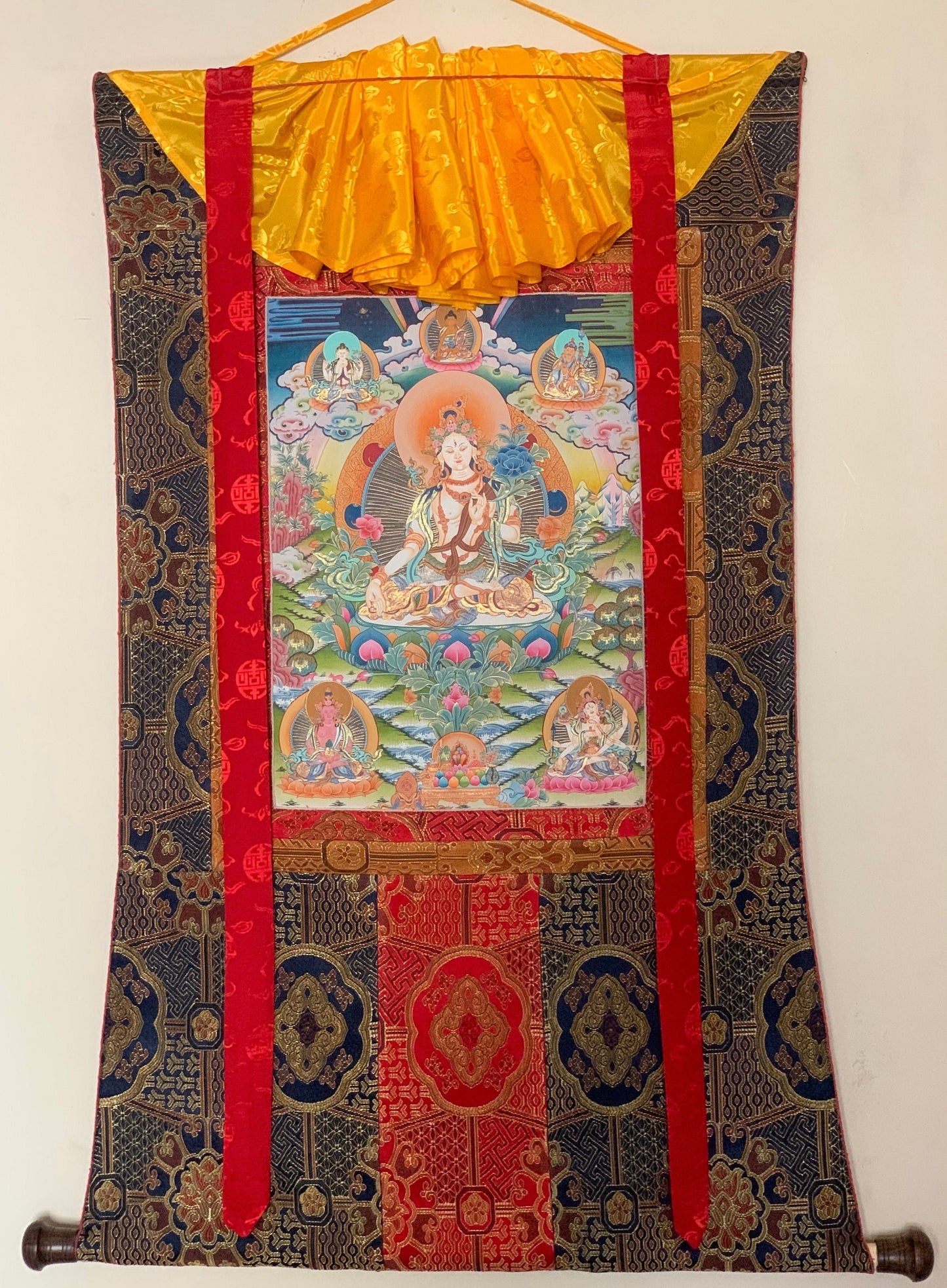 Hand-Painted , White Tara, Mother Goddesses, Rare, Masterpiece, Gold Thangka Painting with premium Silk Brocade