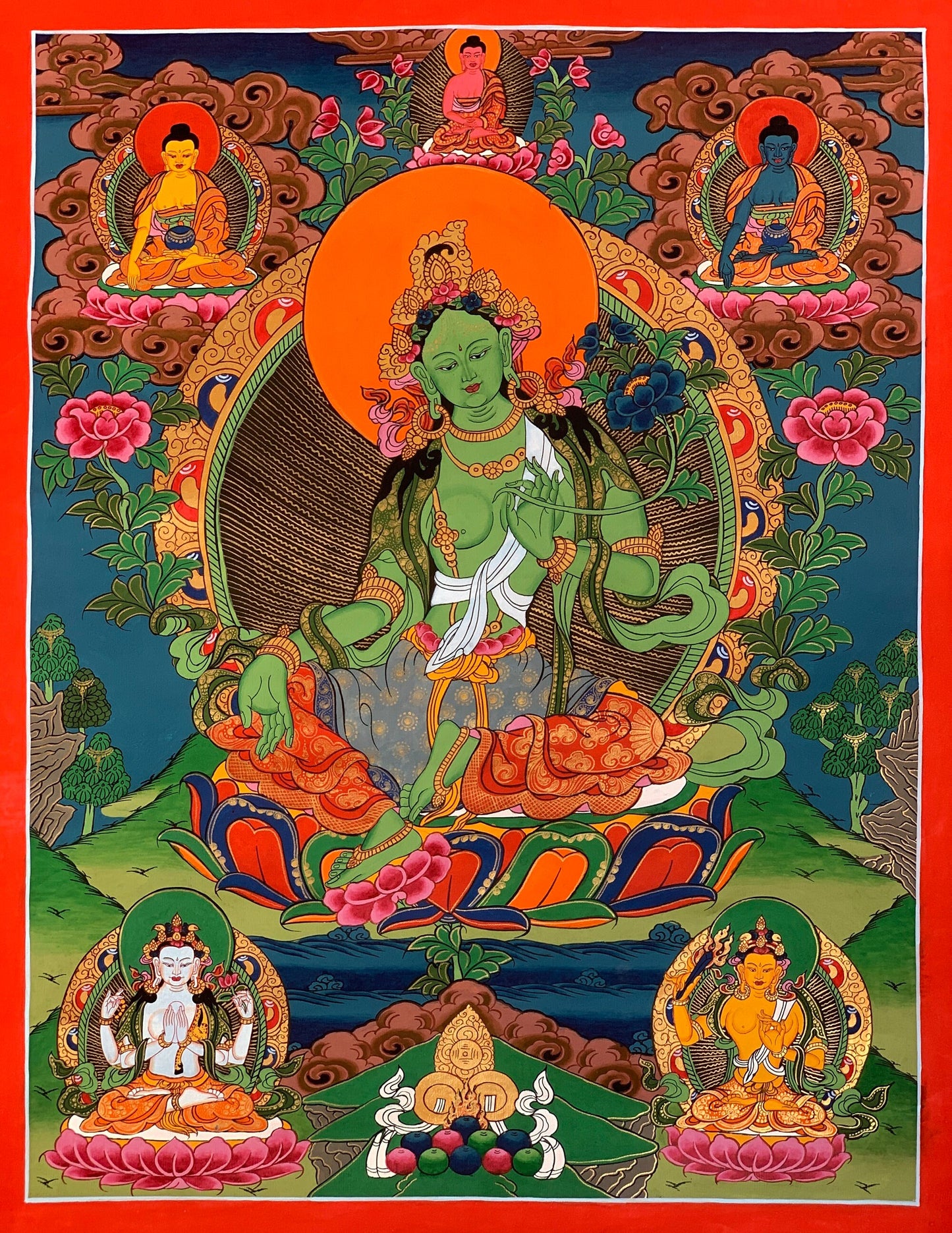 Original Hand-painted Green Tara Shyamatara Mother Goddess Tibetan Thangka Painting -  Good Fortune Prosperity