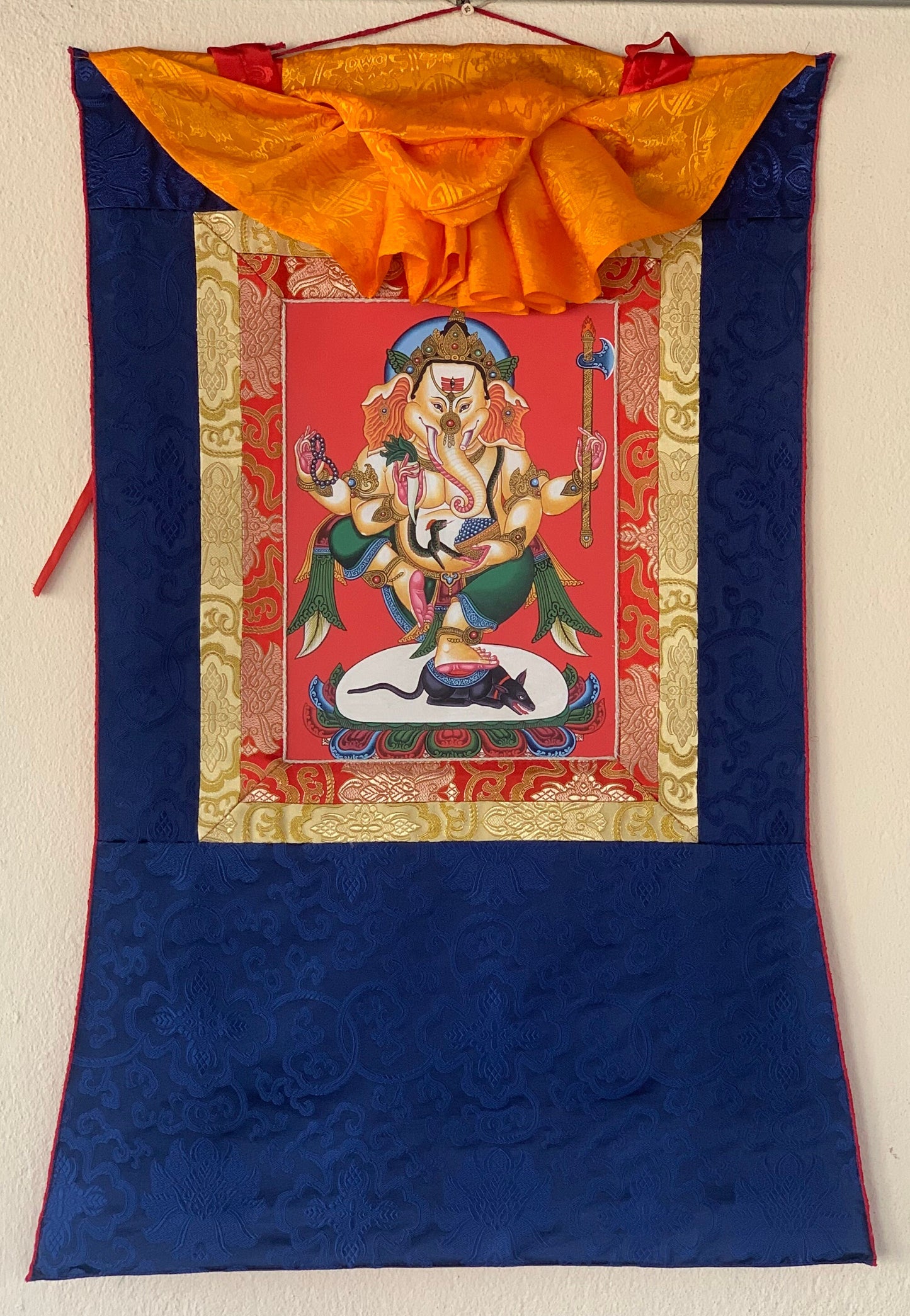 Hand-painted Ganesha, Ganesh, Ganapati, Vinayak, Newari Pauba,  Thangka, Painting  with Silk Brocade