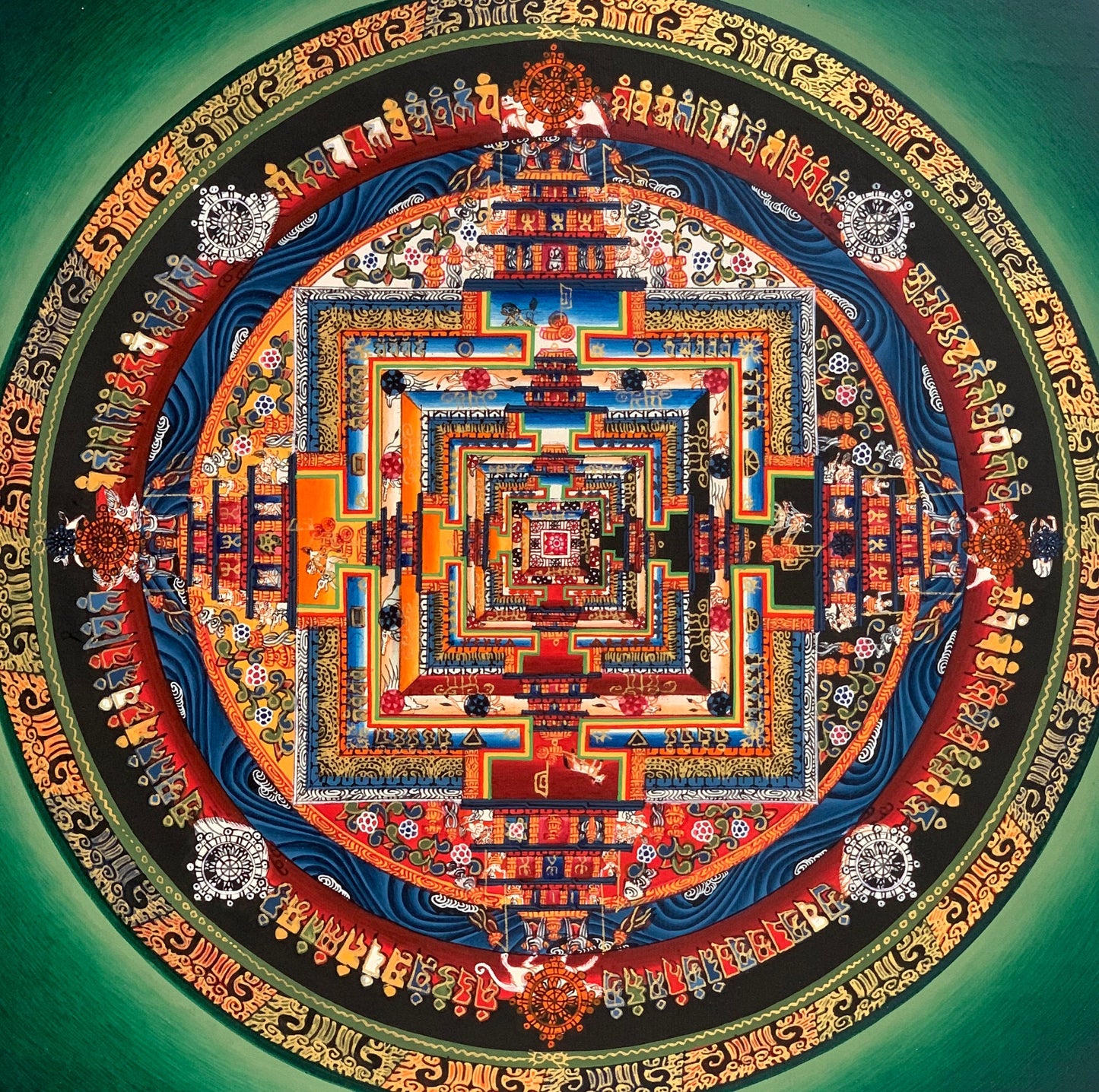 Original Hand-painted Masterpiece Kalachakra Mandala/ Wheel of Life/Wheel of Time Tibetan Thangka Painting Green Background