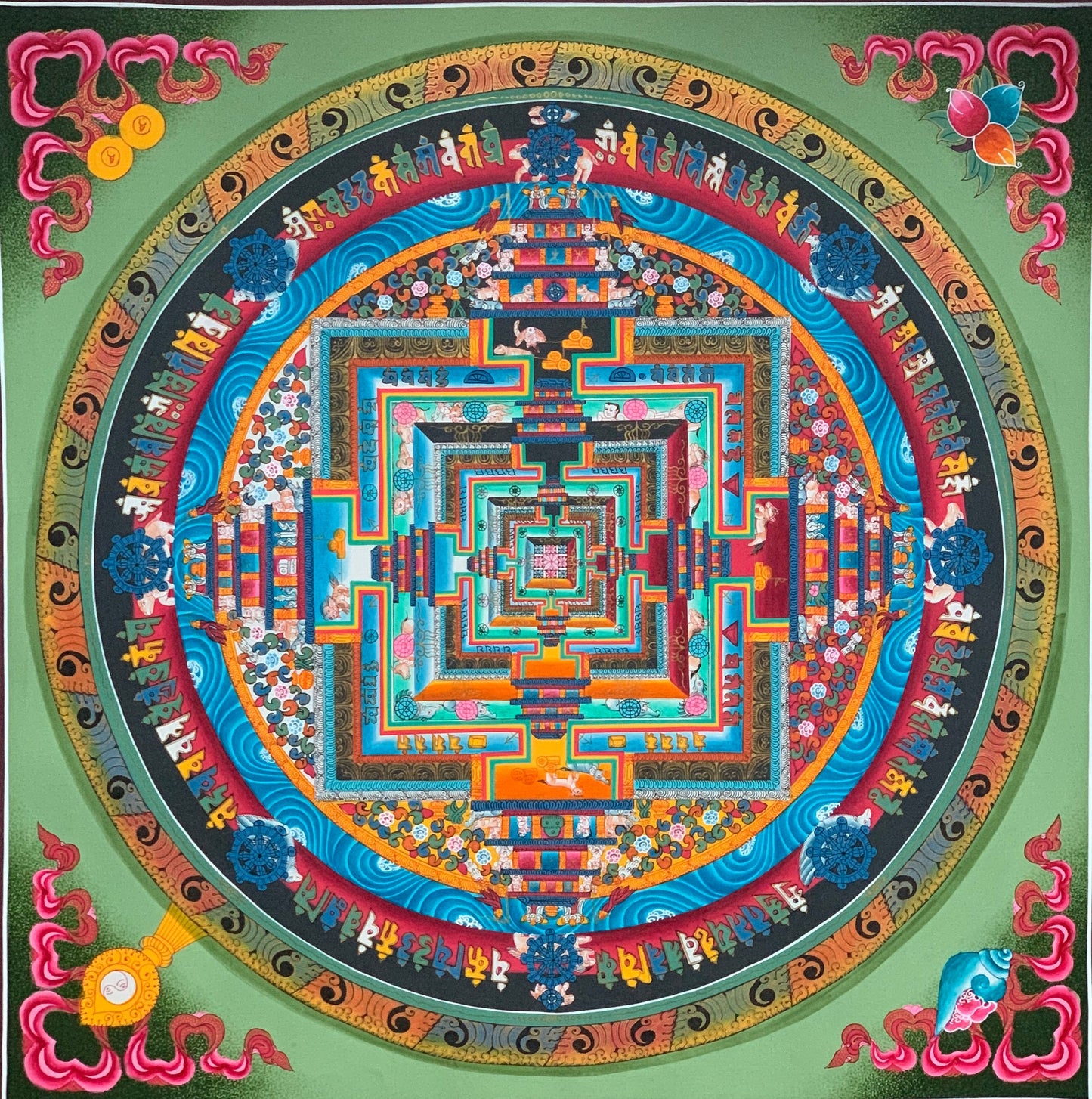 Original Hand-Painted Master Quality Green Kalachakra Mandala/ Wheel of Time Tibetan Thangka Painting/Meditation Art