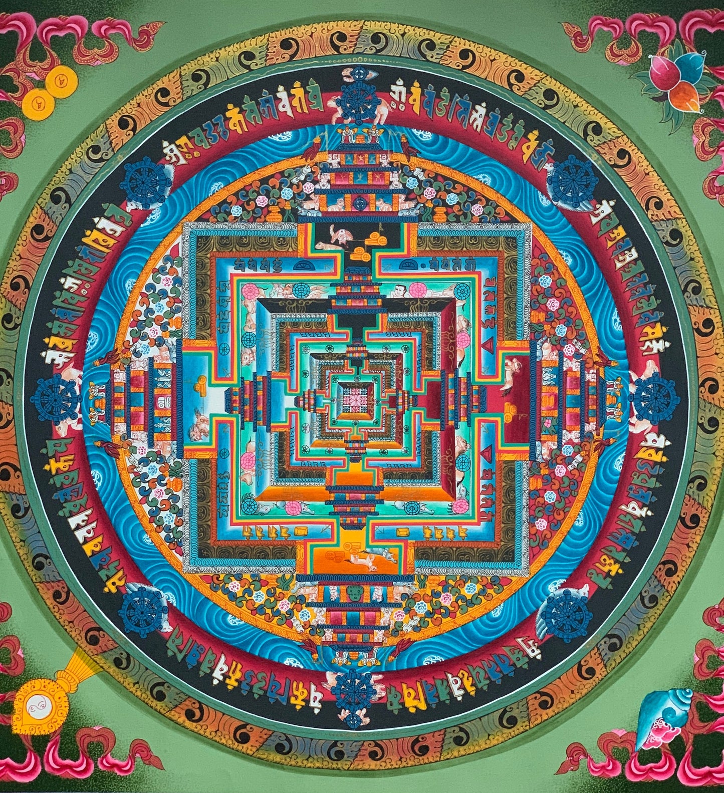 Original Hand-Painted Master Quality Green Kalachakra Mandala/ Wheel of Time Tibetan Thangka Painting/Meditation Art